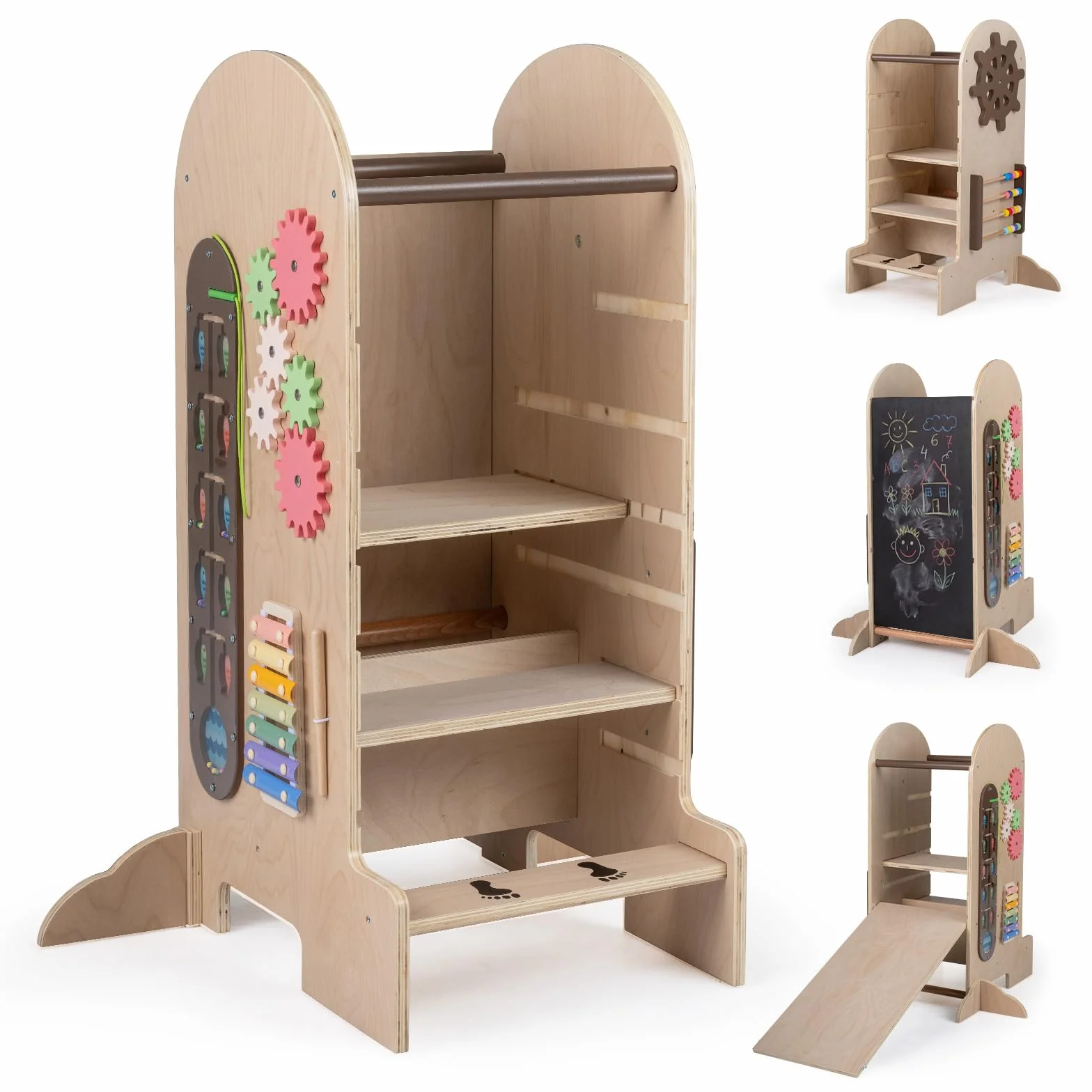 COSTWAY Torre de Aprendizaje Montessori para Niños, 4 en 1 Escalera Cocina Infantil con Altura Ajustable, Pizarra, Tobogán, Barras de Seguridad y Pies Antivuelco,Taburete de Madera para Niños 3+ Años