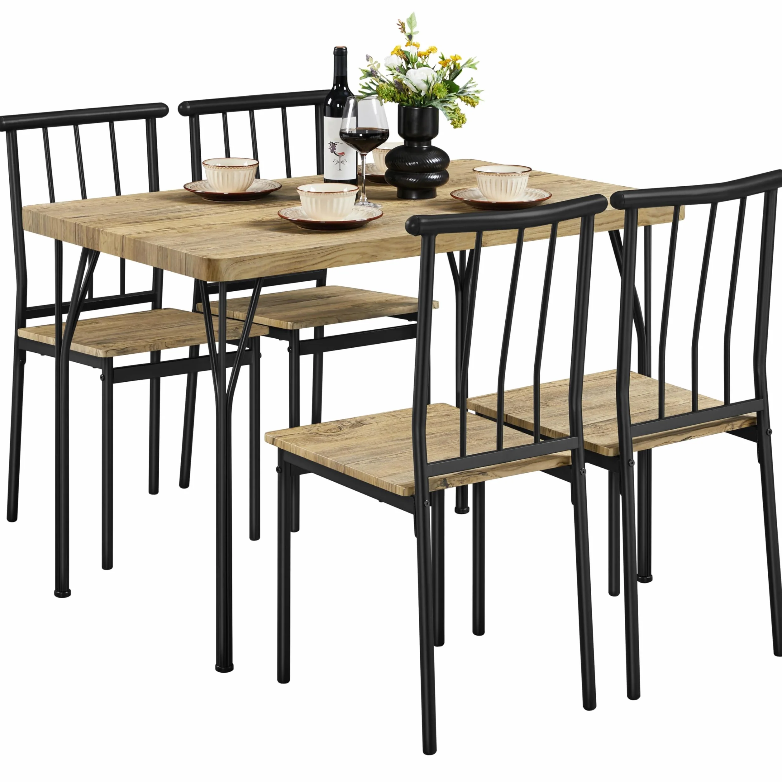 Yaheetech Conjunto Mesa y 4 Sillas de Comedor Tablero de 4 cm, Sillas Apilables, Estilo Industrial, Madera y Metal, para Cocina Pequeña, Apartamento o Terraza, Marrón, 110×70 cm