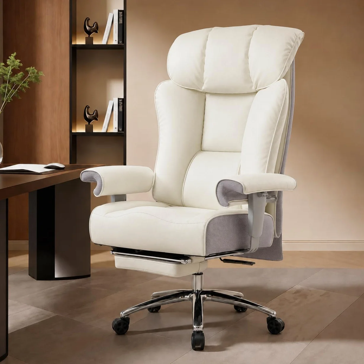 Efomao Silla de Oficina Reforzada 200 kg con Reposapiés – Silla Ejecutiva de Cuero PU con Respaldo Alto, Reposabrazos Acolchados Ajustables y Soporte Lumbar