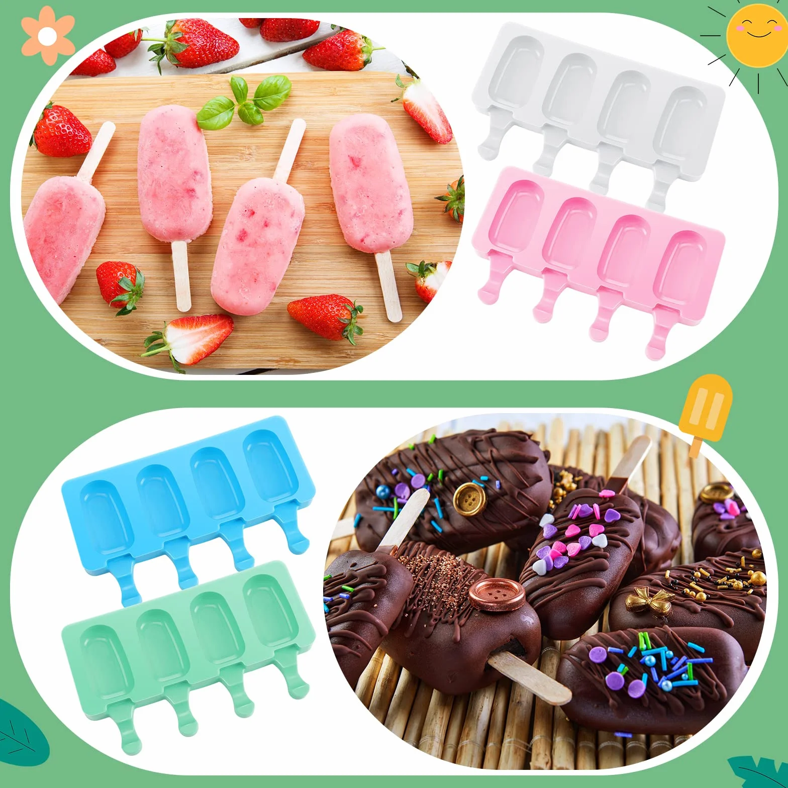 Irenare 12 moldes caseros para tartas, 4 cavidades, moldes ovalados de silicona reutilizables con 50 palos de madera para hacer helados