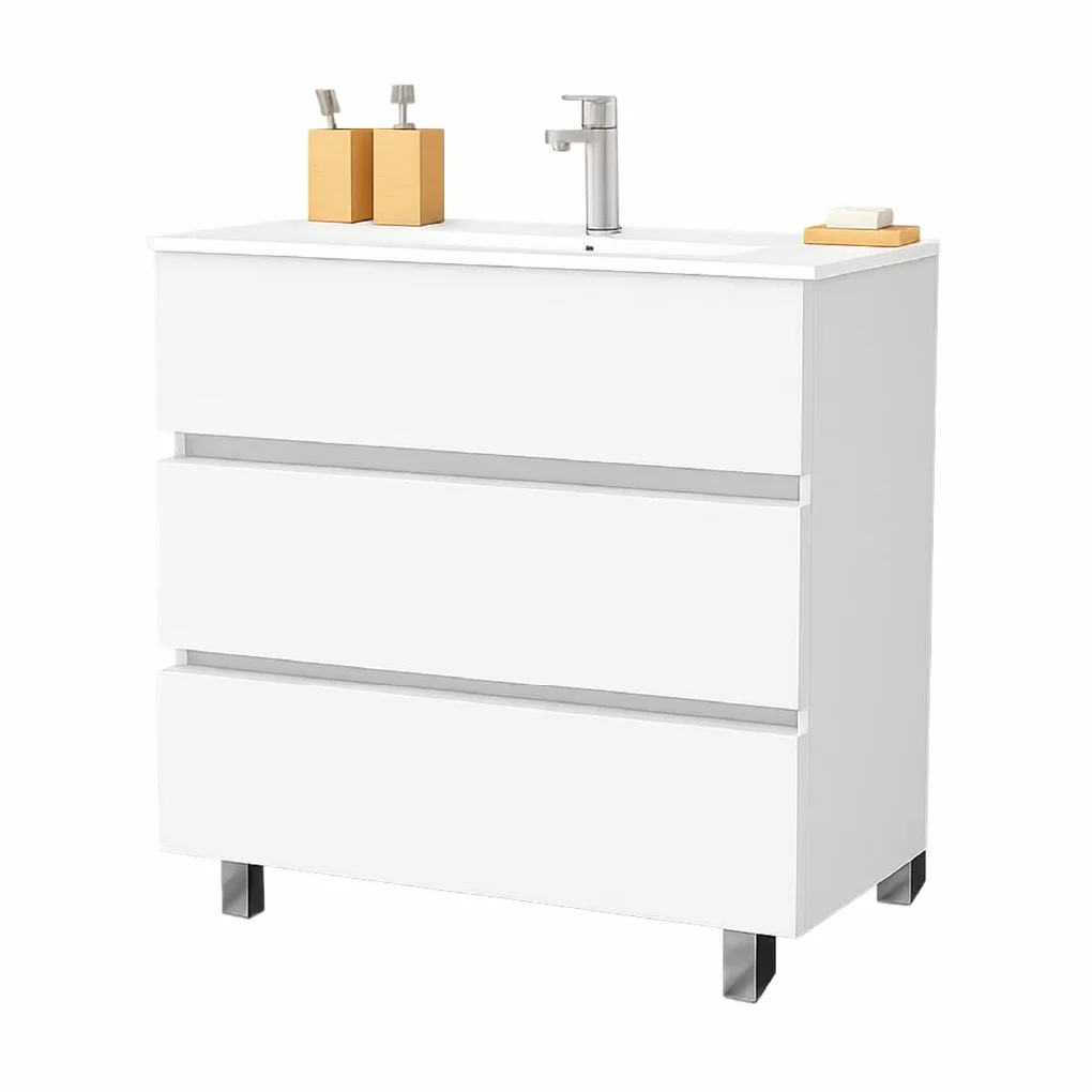 Mueble Baño con Lavabo 80 cm Compacto Preinstalado con Pie de Porcelana
