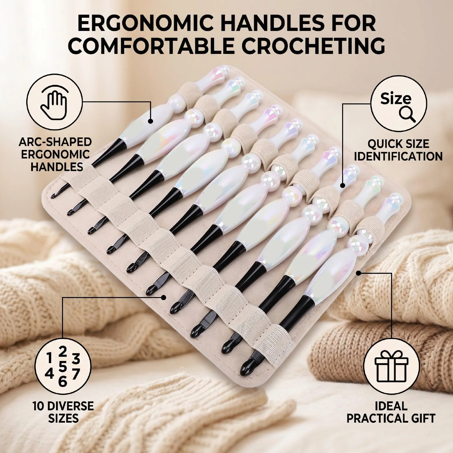 Zhjvihx Juego de 10 Agujas de Ganchillo, Ergonómico con Bolsa de Almacenamiento Beige, Ganchos Extra Largos para Tejer Decoración del Hogar, Kit Completo de Ganchillo para Principiantes