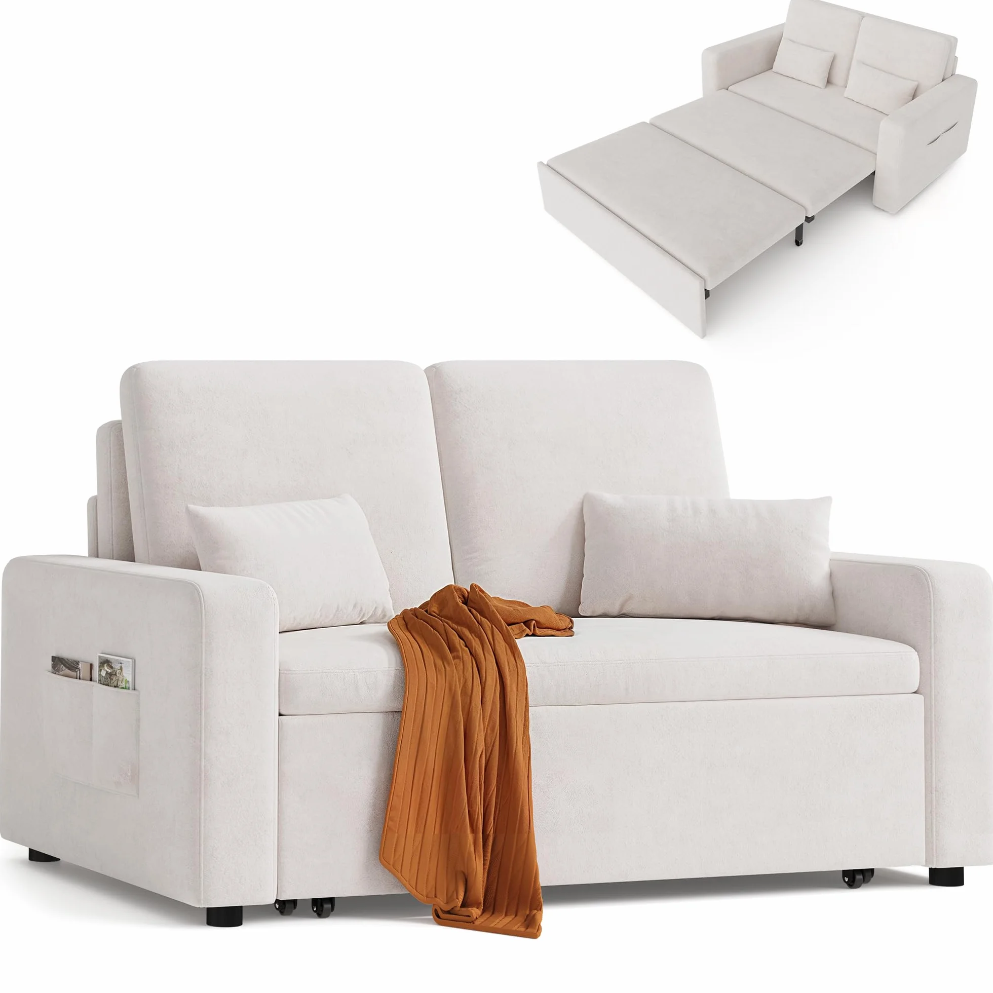 Xbro Sofa Cama 2 Plazas, Sillón Convertible 3 en 1 con Cama, Dos Bolsillos de Almacenamiento, Tapizado en Terciopelo, 147 x 196 x 87cm, Incluye Dos Cojines,Beige