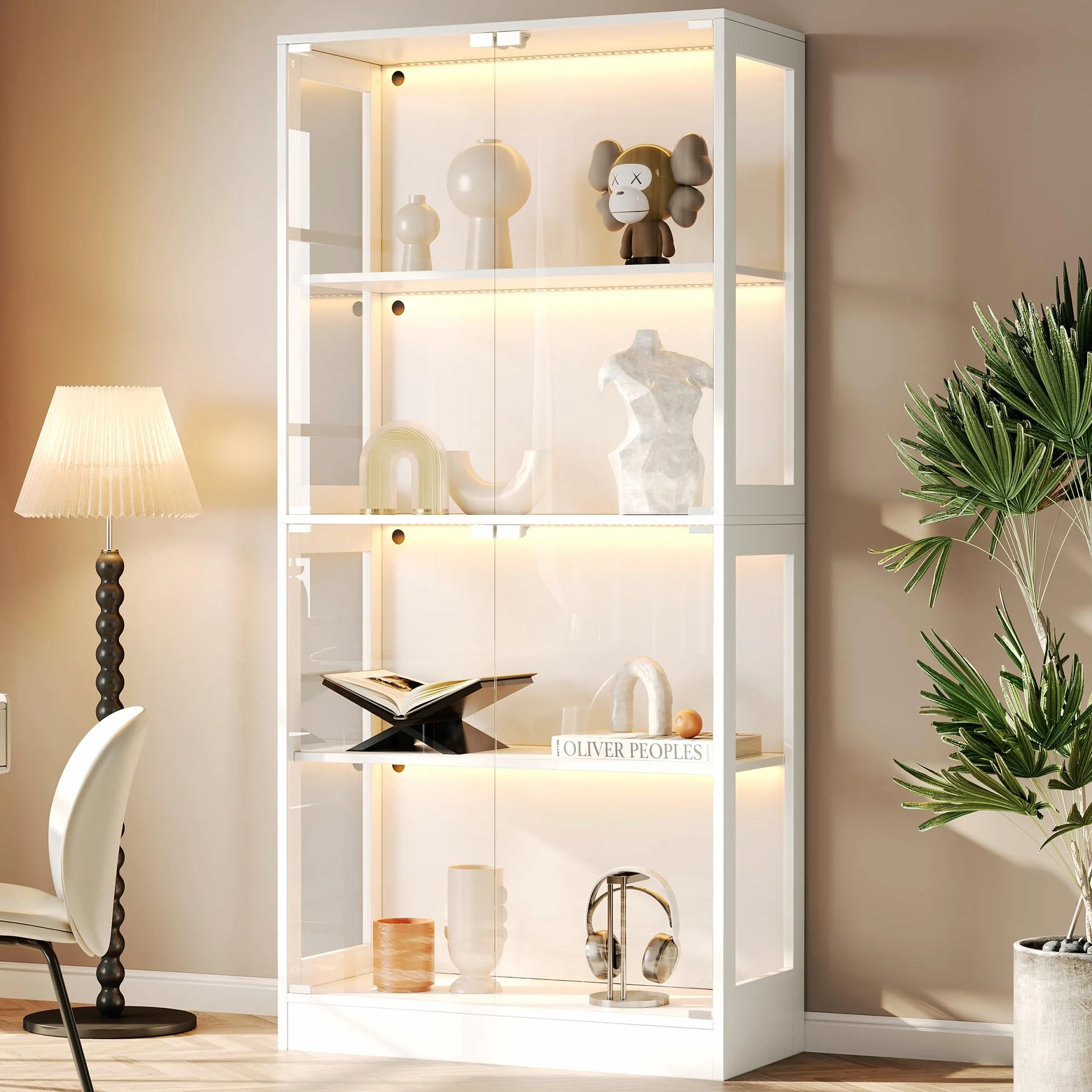 Soweiz Vitrina LED de cristal transparente, 4 niveles de almacenamiento, luz LED controlada por aplicación, puertas push to abiertas, vitrina para figuras y modelos (blanco, 80 x 35 x 170 cm)