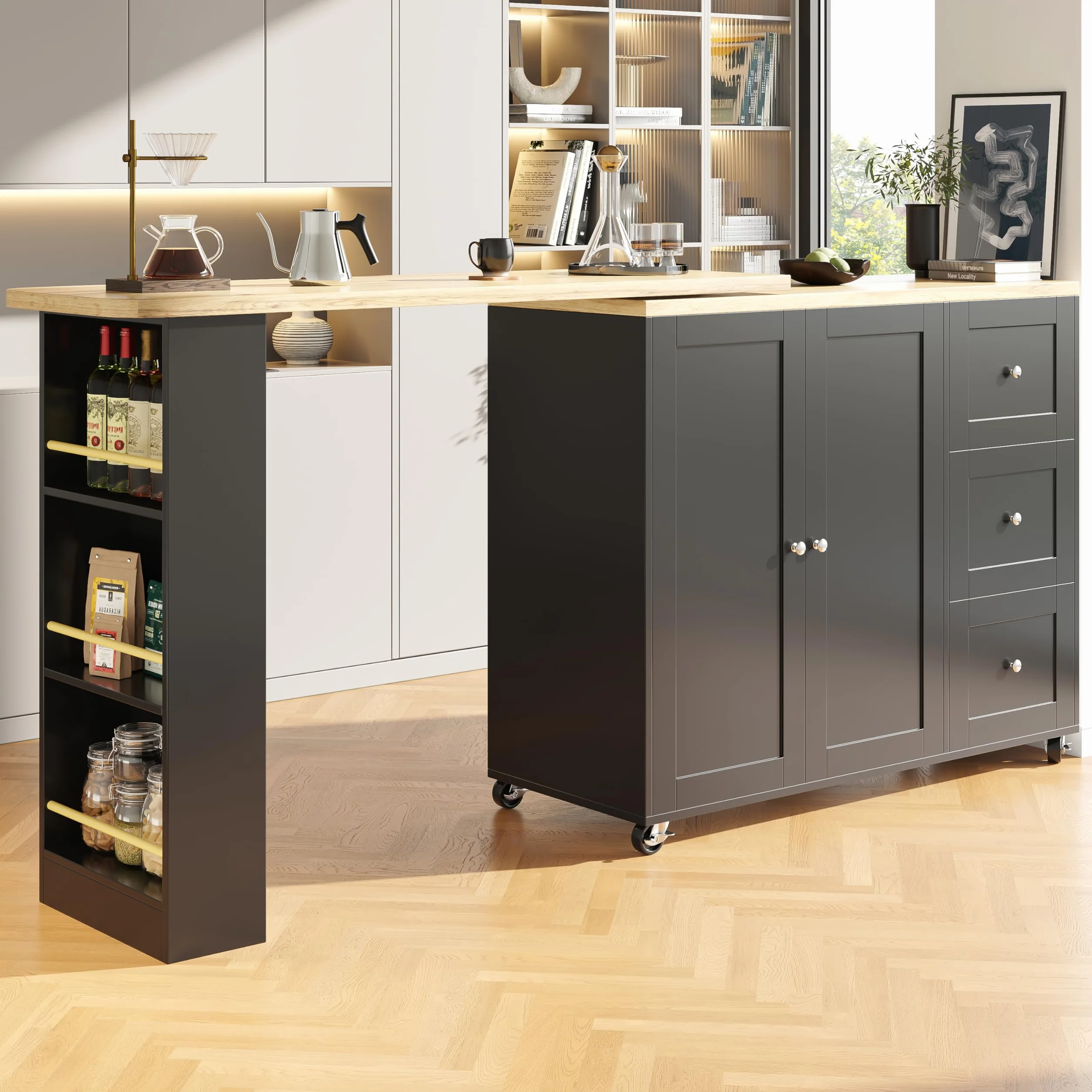 Mesa alta giratoria 360° (138-209 x 39 x 104 cm) con ruedas con tres cajones, viene con soporte para aperitivos. Isla de almacenamiento multifuncional, para cocina y salón (negro)