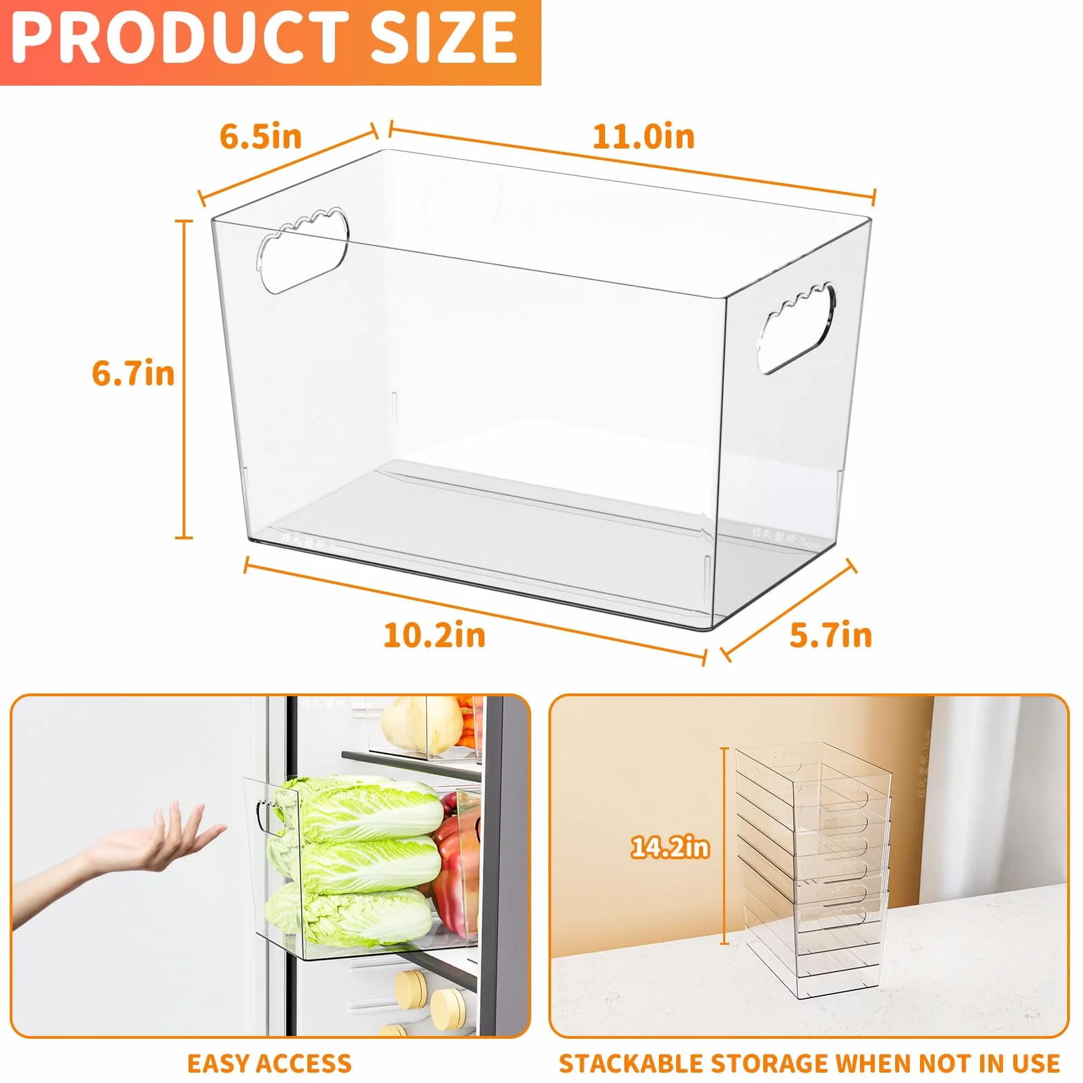Paquete de 6 contenedores de plástico transparente para organizar, con asa, contenedores organizadores grandes de despensa de 11 pulgadas para estantes, aperitivos, alimentos o suministros de limpieza