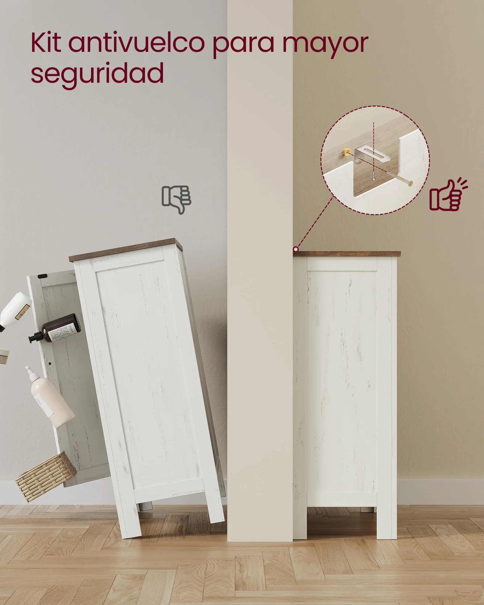 VASAGLE LIRY Colección - Armario de Almacenamiento, Mueble de Baño Estilo Campo con 4 Cajones, Organizador Independiente, Puerta de Granero, Estante Ajustable, Blanco Rústico BBK753W01