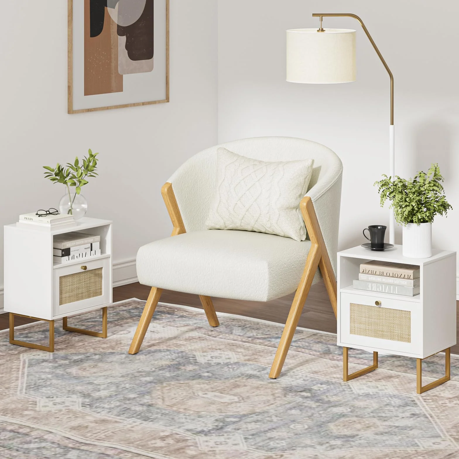 HEYZOEY Mesita de Noche de ratán Moderna de Madera con cajón y Estante Abierto, Mesa Auxiliar con Marco Dorado para Dormitorio, Sala de Estar, Oficina (Blanco)