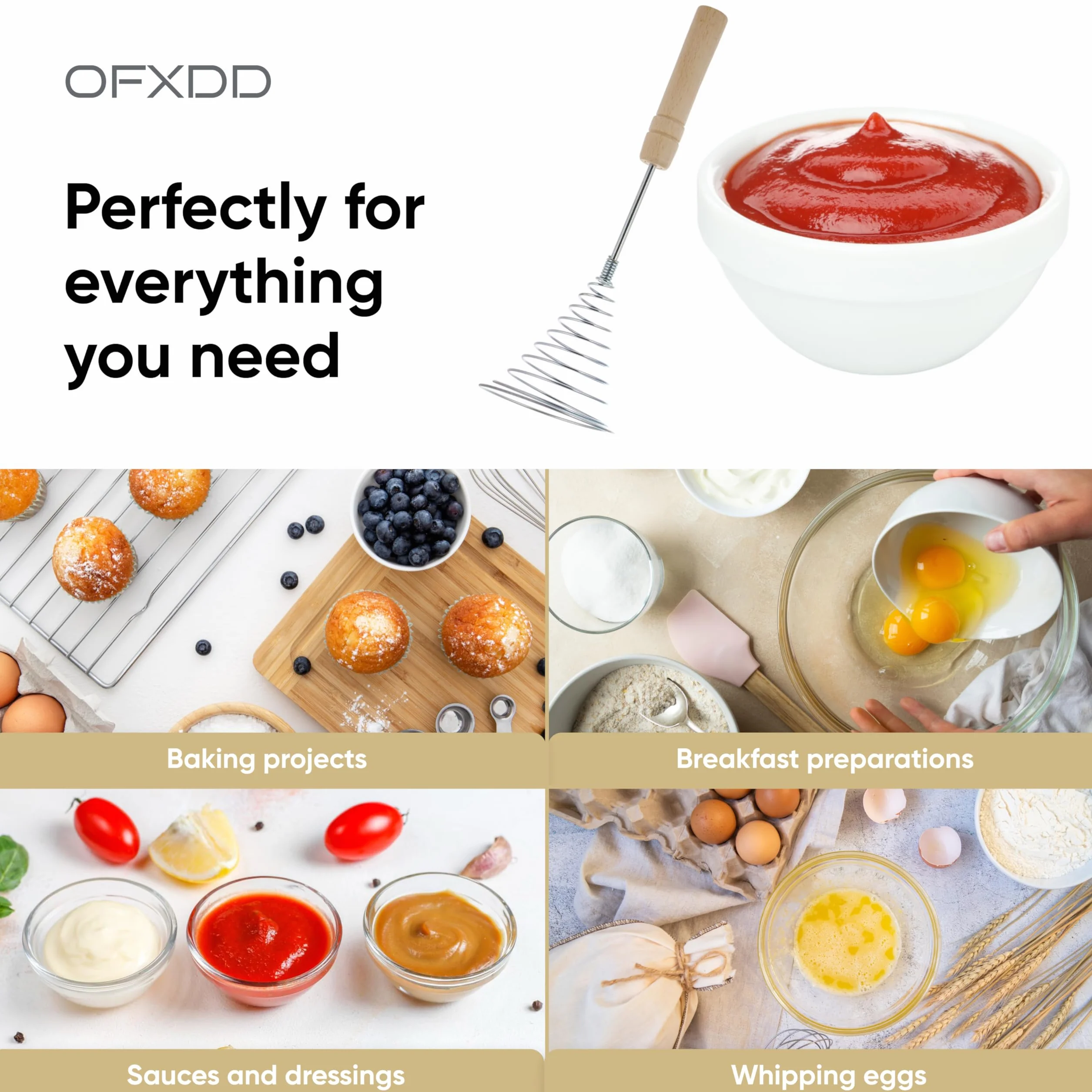 Batidor de alambre de acero inoxidable para huevos – Pack de 2 – Batidor de acero inoxidable con mango de madera de acero