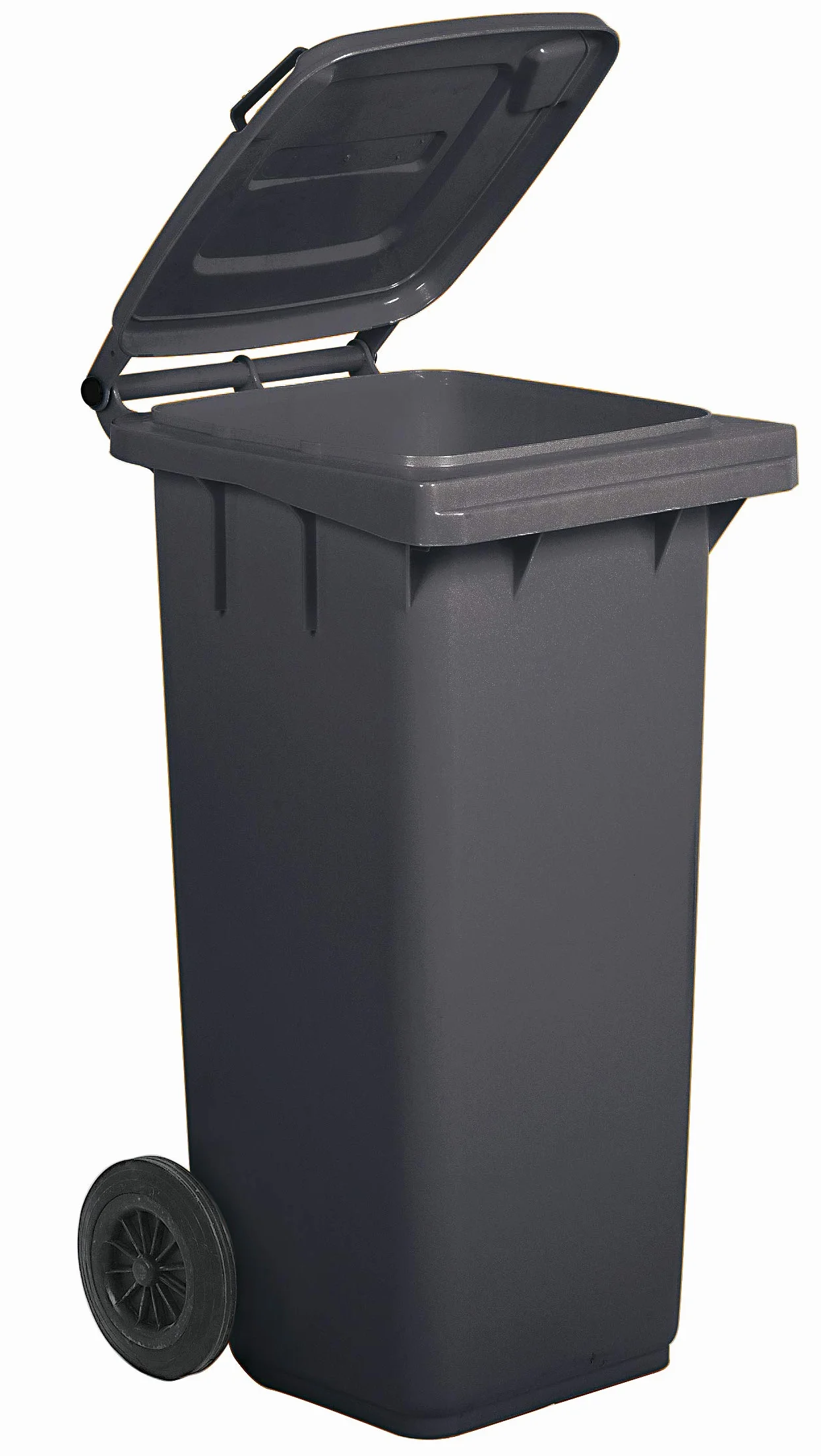 Cubo de HDPE (polietileno de alta intensidad) para uso exterior, de 120 litros, 48 cm (longitud) x 55 cm (profundidad) x 93 cm (altura), con un peso de 9,2 kg, color negro