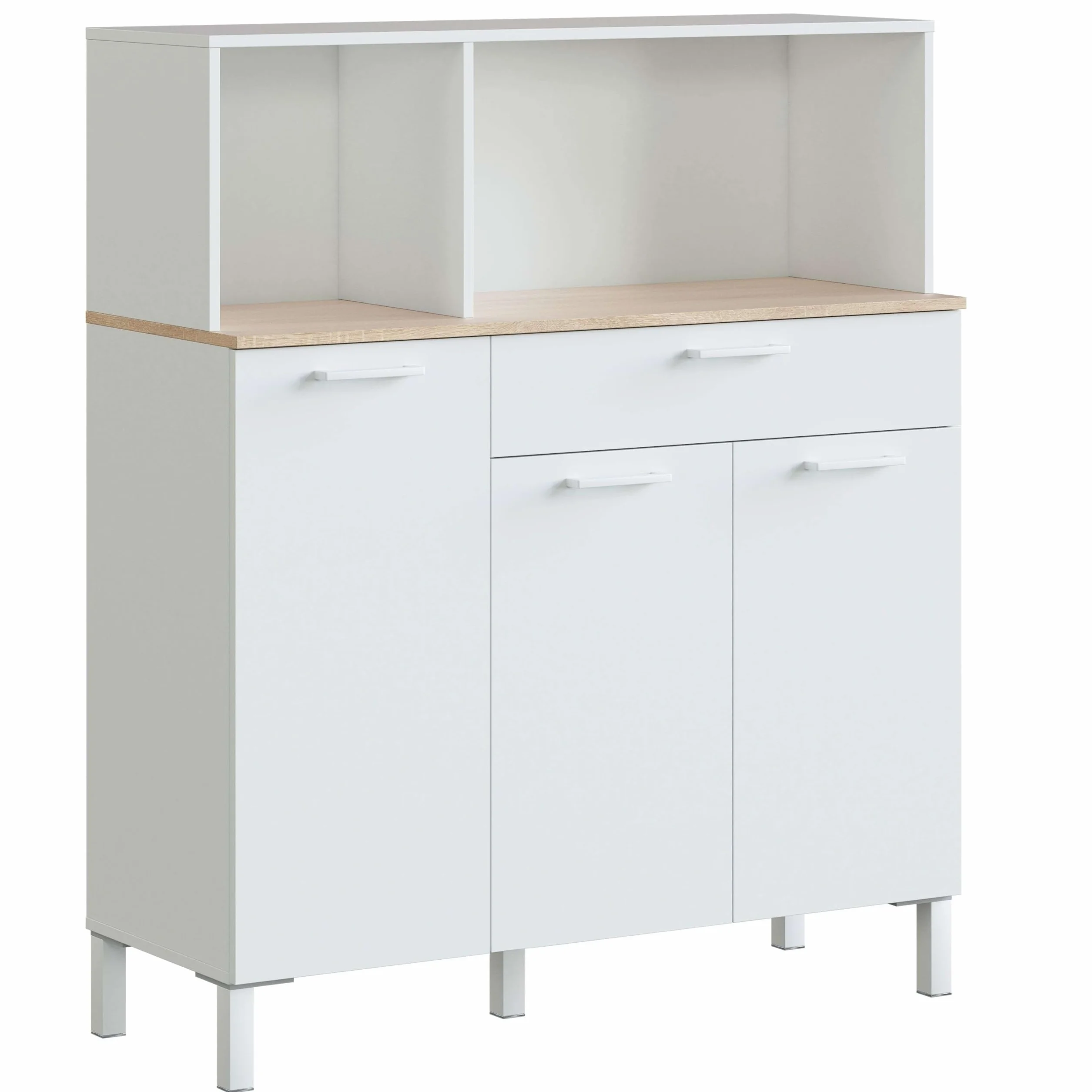 Habitdesign Alacena de Cocina, Aparador Comedor, Mueble Auxiliar 3 Puertas + 1 Cajon y Estante Interior, Color Blanco Artik y Roble Canadian, Medidas: 108 (Ancho) x 126 (Alto) x 40 (Fondo) En cm