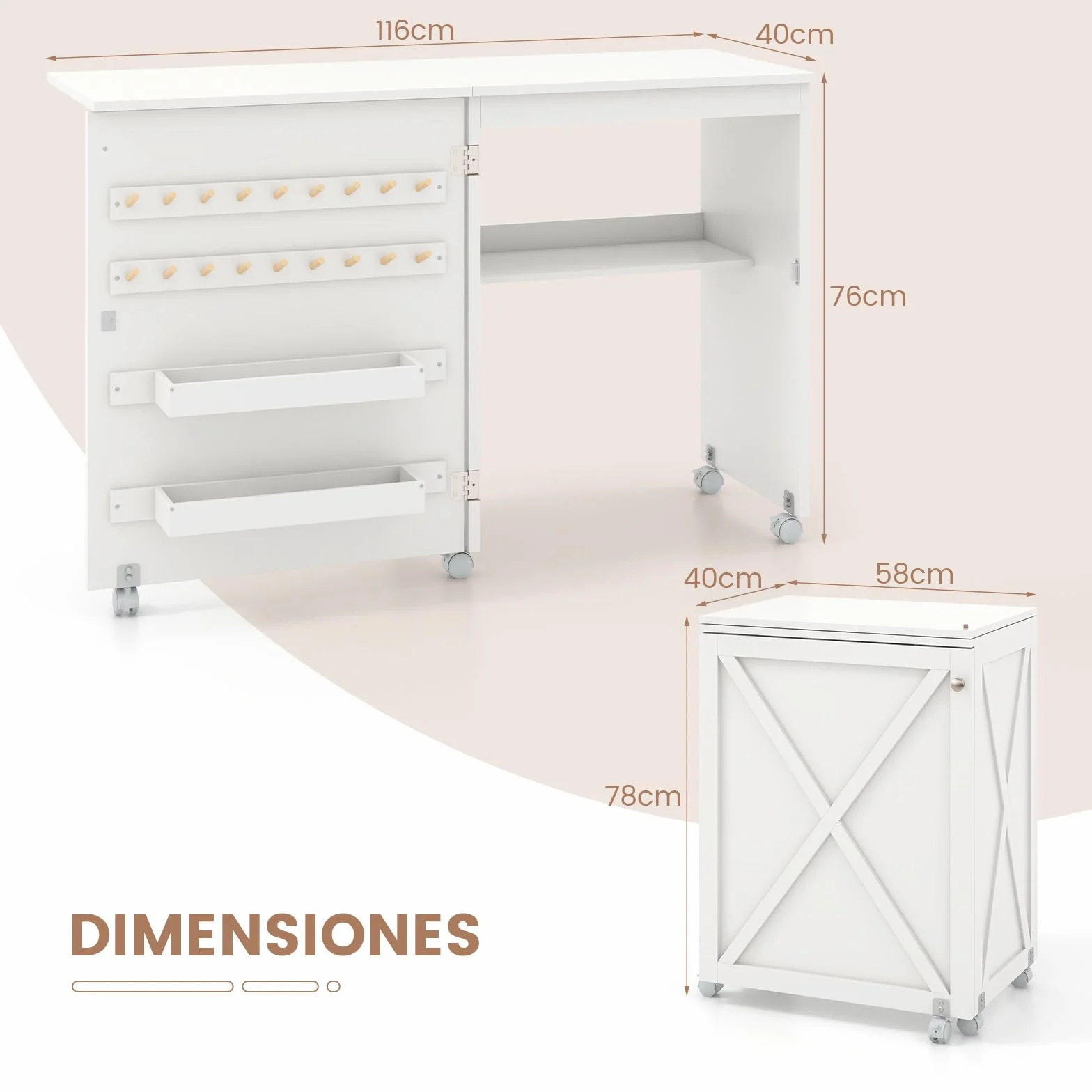 COSTWAY Armarios de Costura, Mesa de Costura Plegable con 2 Bandejas y 18 Pinzas de Almacenamiento, Compartimento Abierto y 5 Ruedas Bloqueables, Gabinete de Costura Multifuncional (Blanco)