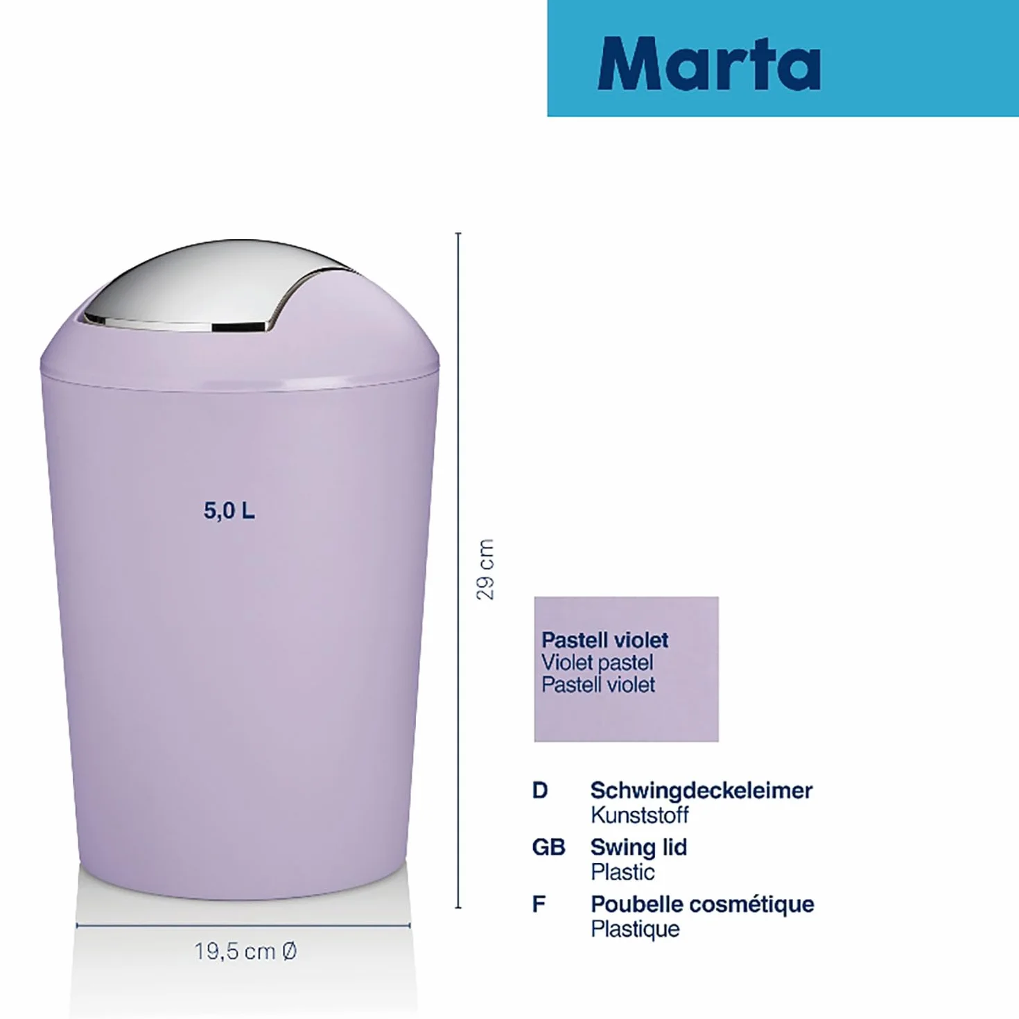 Cubo con tapa basculante violeta pastel mate 5 L plástico MARTA