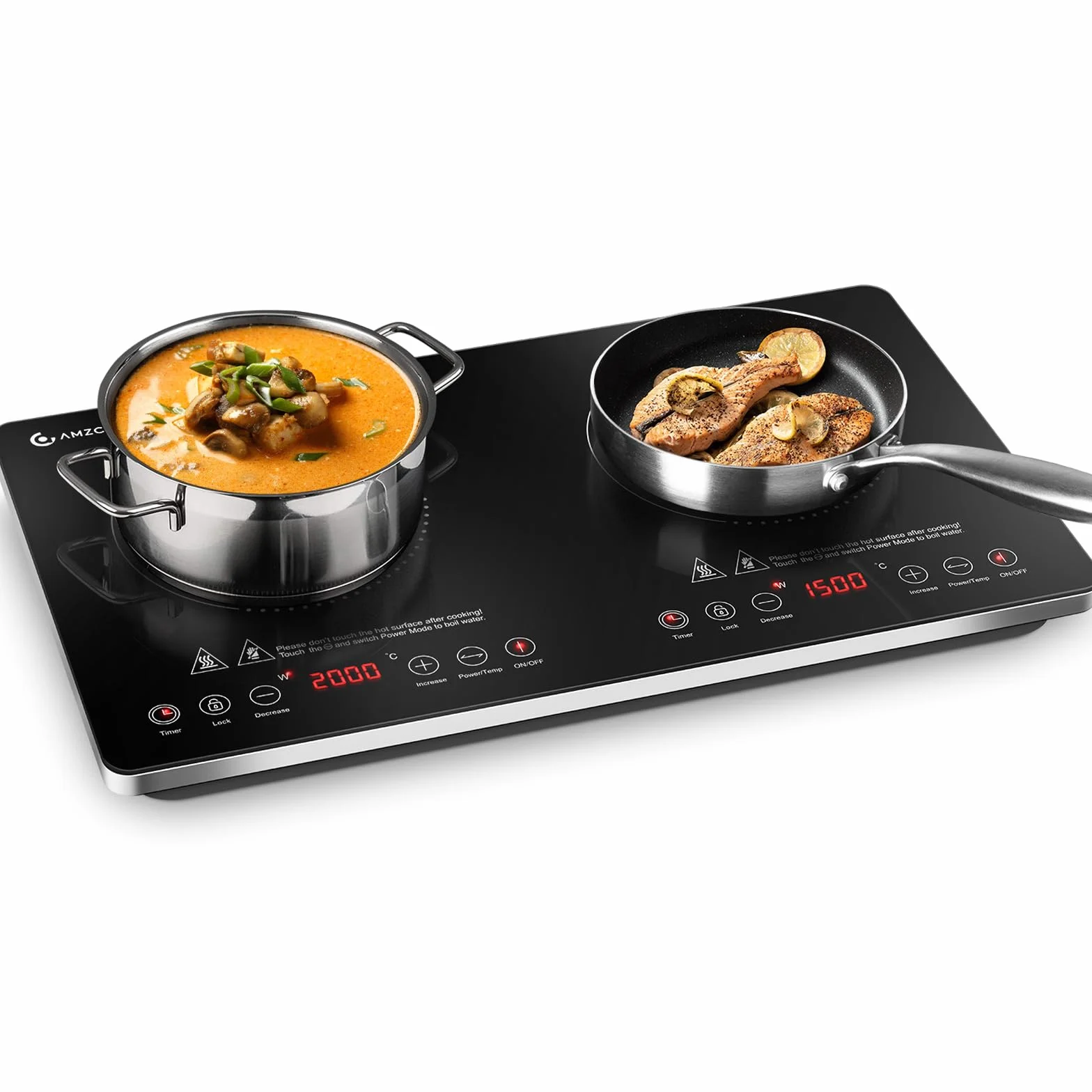 AMZCHEF Placa Inducción 2 Fuegos, Placa de Inducción Portatil 3500W con Controles Independientes, IGBT Mejorado, 20 Niveles de Temperatura, Múltiples Niveles de Potencia, Temporizador de 4 Horas