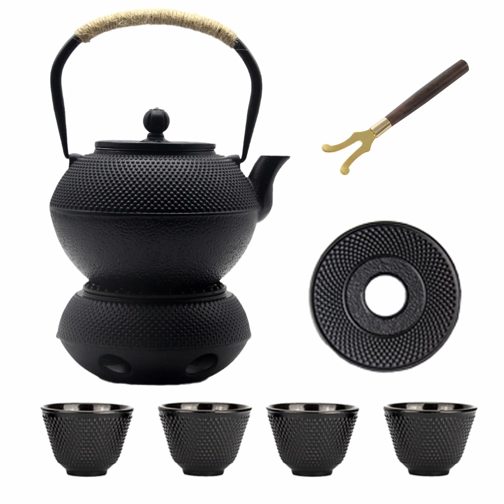 Juego de tetera de hierro fundido con calentador de hierro fundido, juego de tetera japonesa Tetsubin con tazas, tetera de hierro fundido con infusor de acero inoxidable e interior esmaltado (juego de
