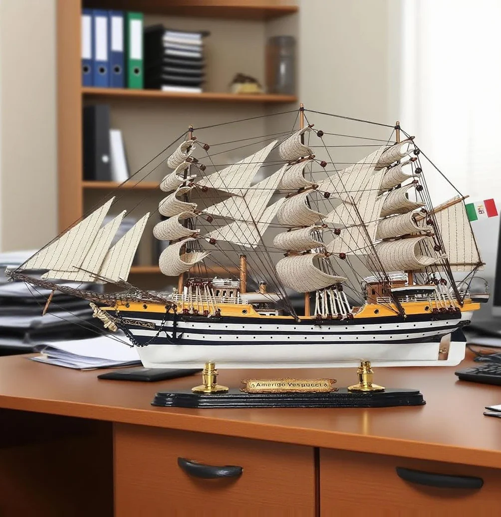 YLME Maqueta de barco de madera Amerigo Vespucci Maqueta de velero de madera maciza Velero de madera Adornos náuticos de madera Colección para el hogar Para regalar,52CM