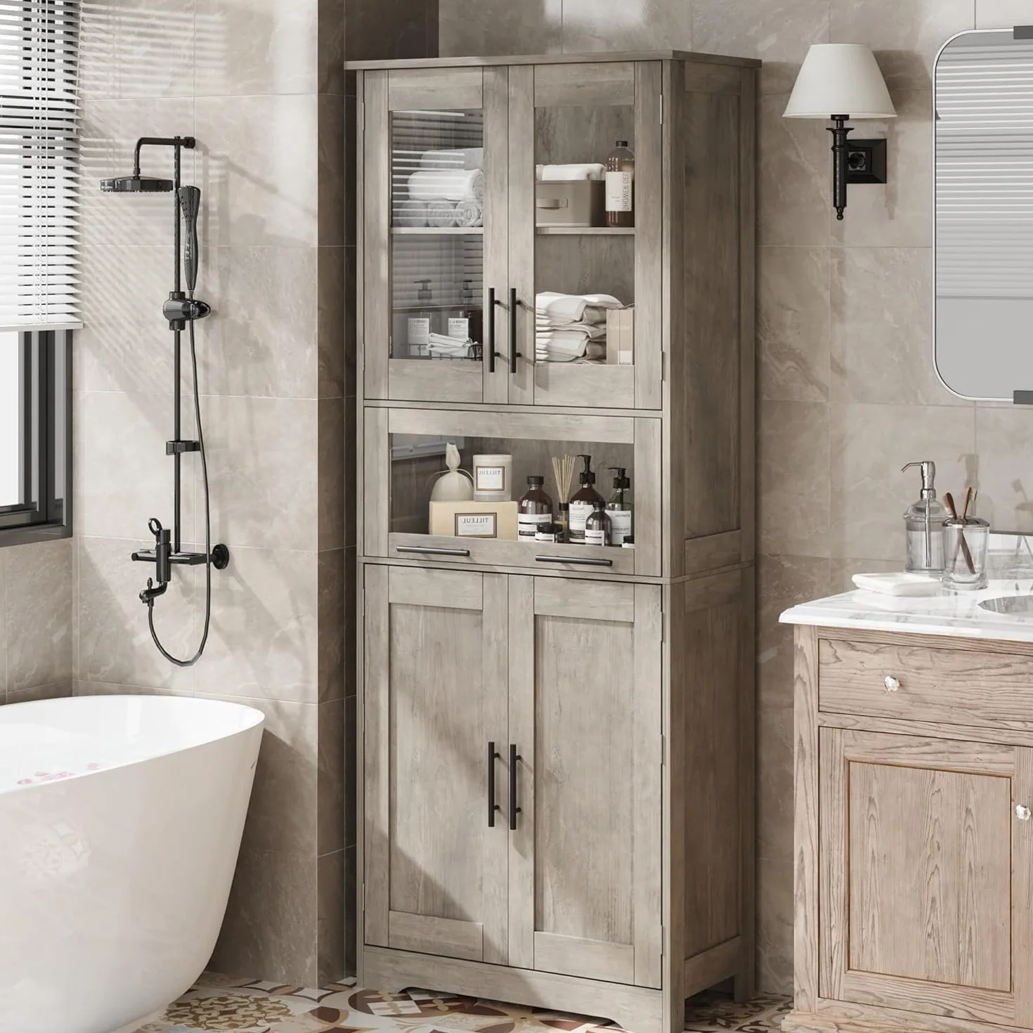 Armario de Baño Doble Compartimento 60x30x170 cm, Mueble con Puertas y Estante Ajustable, Gris