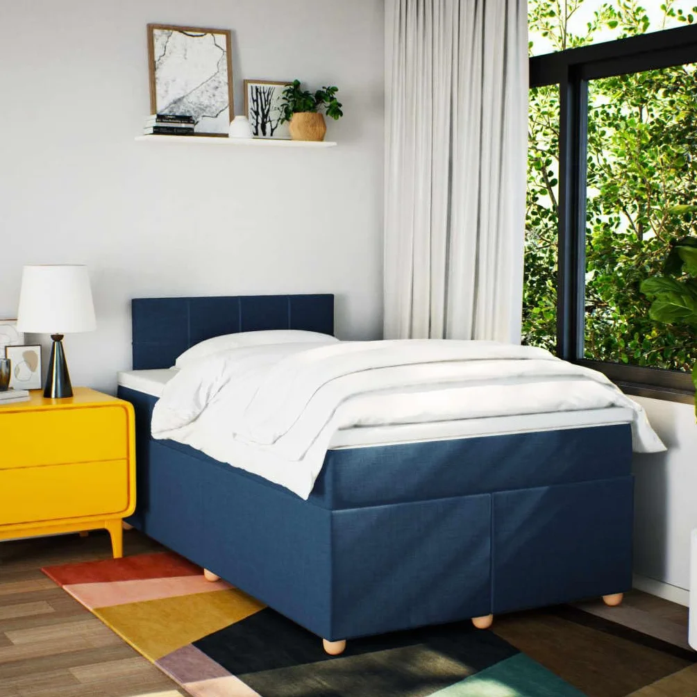 Owox Cama con somier de 120 x 200 cm, color azul, con colchón de muelles ensacados LED y cojín extraíble para jóvenes, invitados y dormitorios
