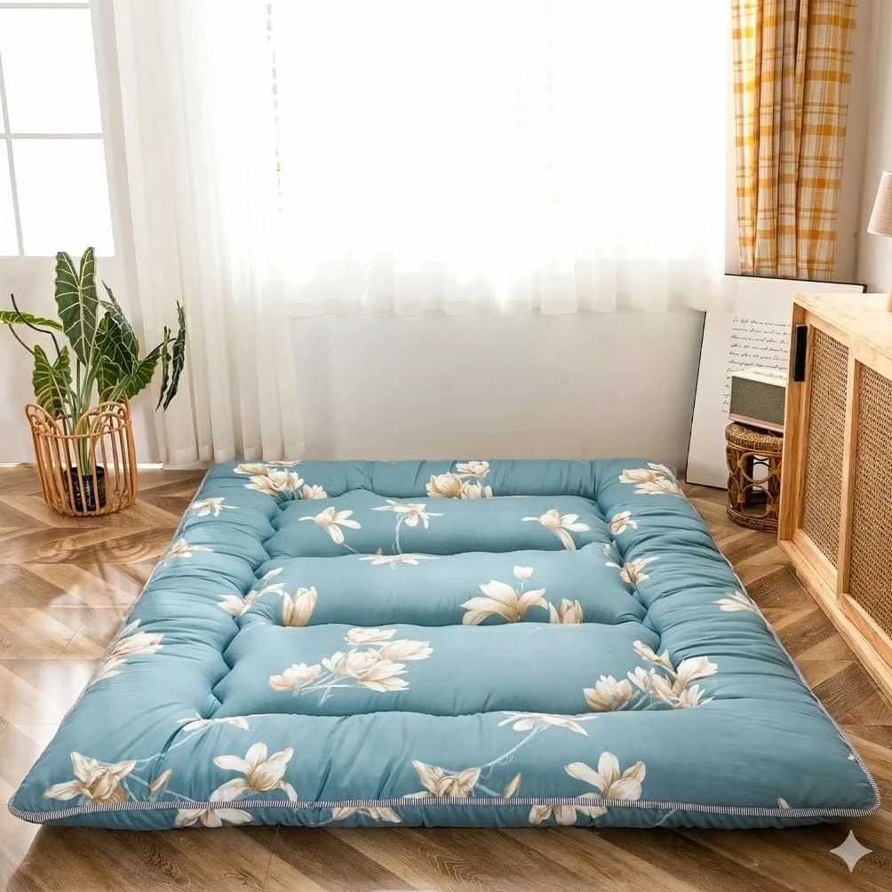 MAXYOYO Colchón japonés de suelo, colchón de futón, tapete de tatami grueso, almohadilla para dormir, plegable, enrollable, colchón para dormitorio, tumbona de suelo, almohada (flor azul, individual)
