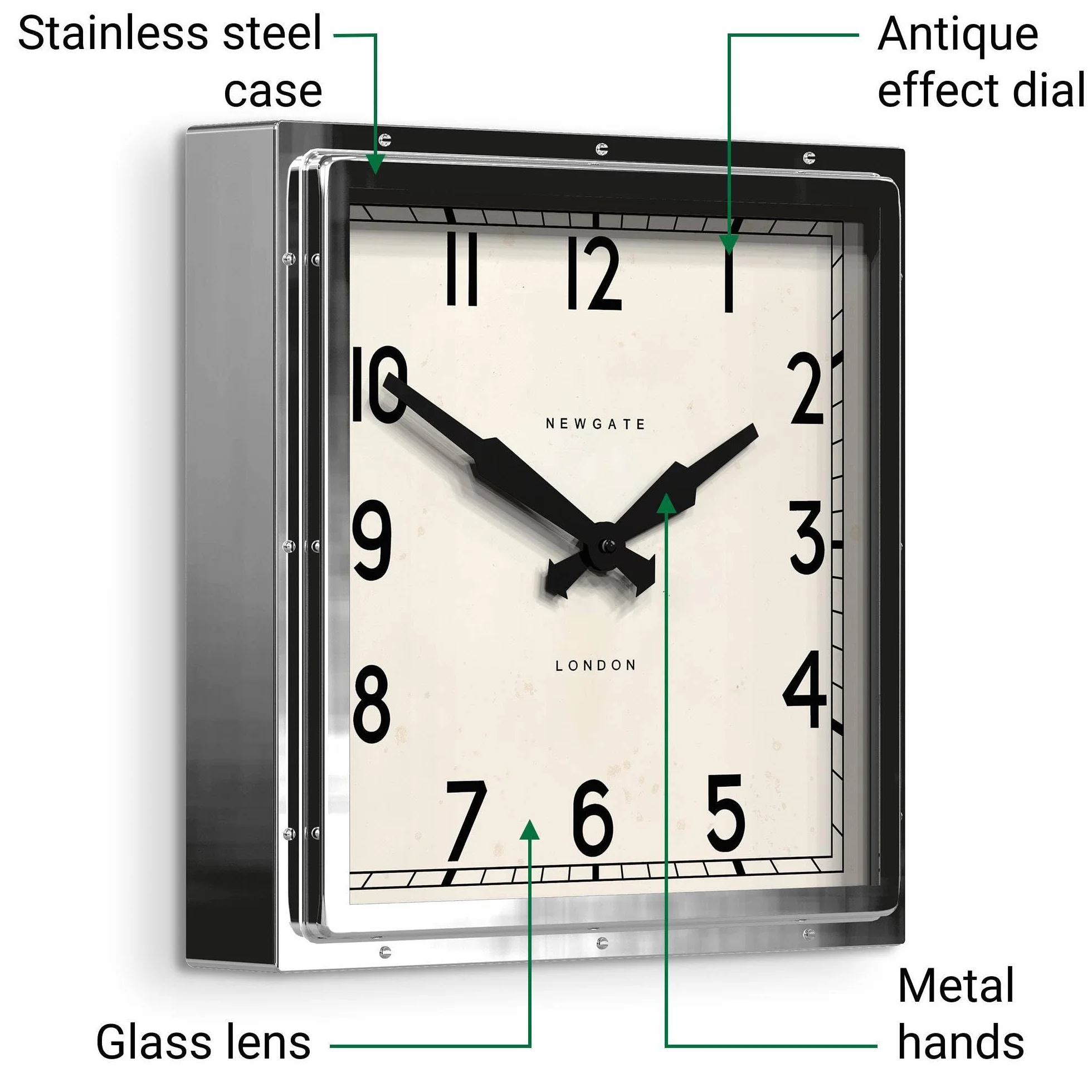 NEWGATE® Quad Reloj de Pared | Diseño de Acero Inoxidable Pulido Cuadrado Grande | 40cm | Reloj Industrial icónico de Estilo Mediados de Siglo para Cocina, salón u Oficina
