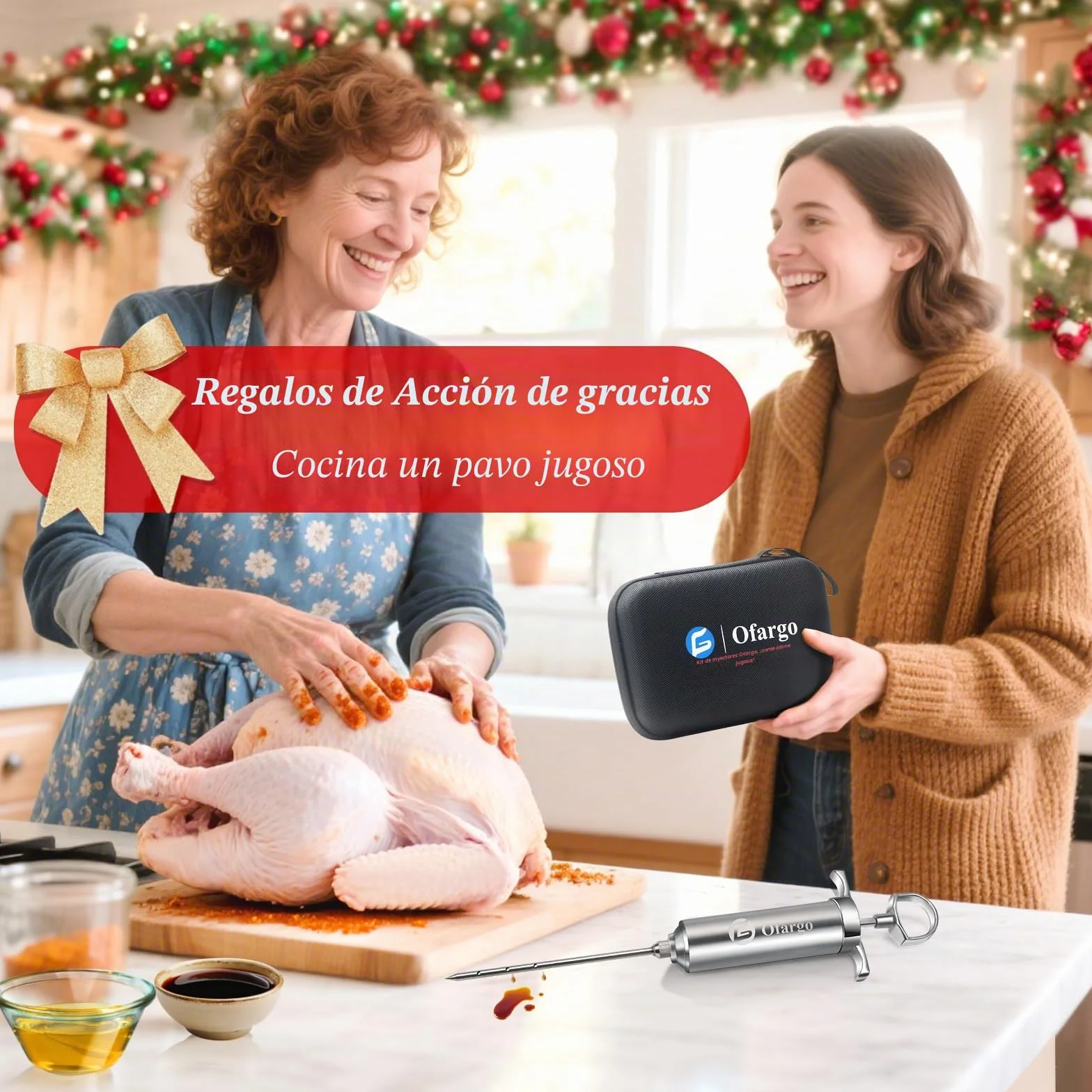 Ofargo Inyector de Condimento con 4 agujas de adobo, Se Utiliza para el Condimento de Carnes Como Carne de res, Pollo, Pavo; Jeringuilla Cocina 60 ml/2 oz; Con bolsa de EVA para guardarlo fácilmente