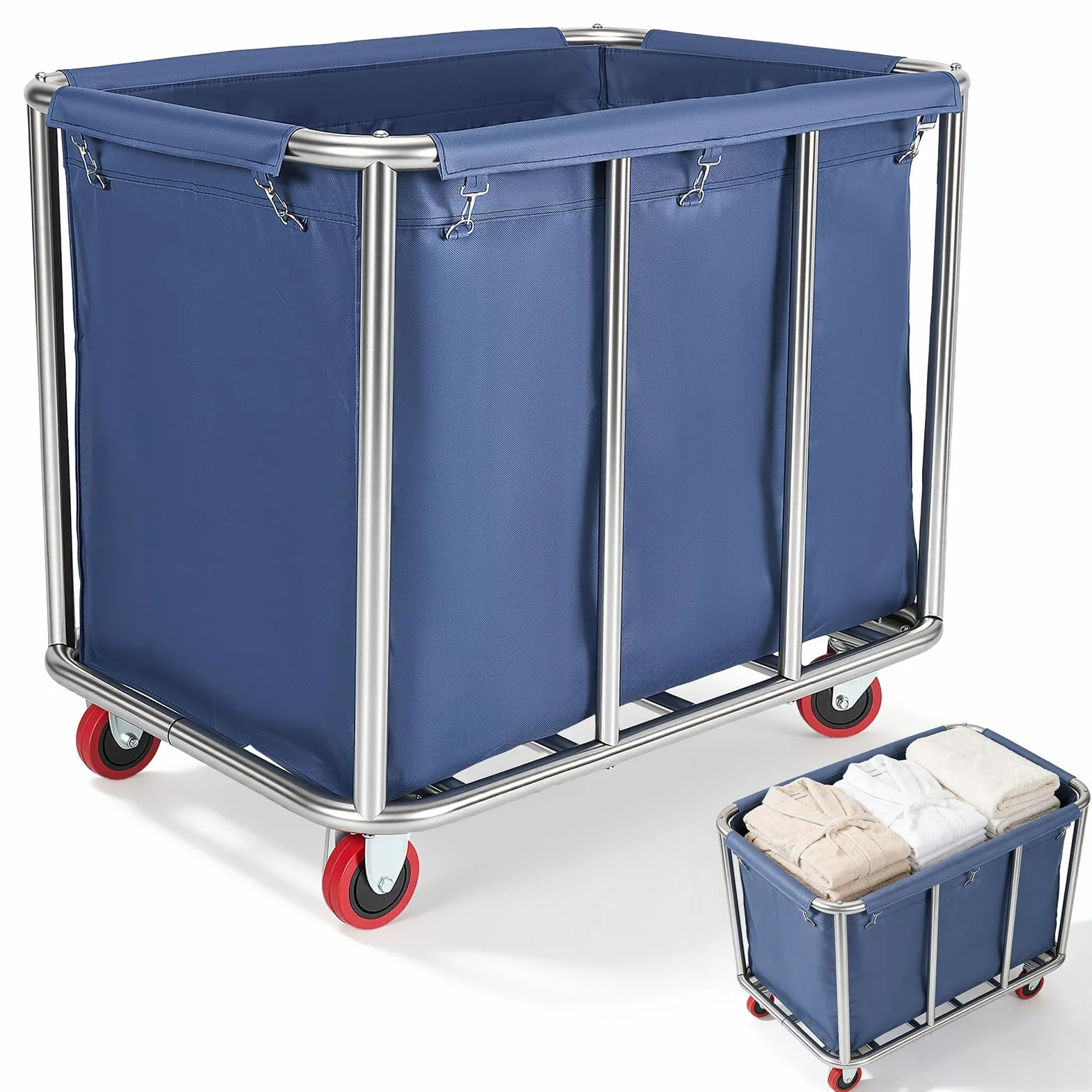 Carrito De Lavandería, Cesto Lavandería Acero Inoxidable con Ruedas Comerciales Grandes Carrito Clasificador Ropa Impermeable Inoxidable Desmontable para El Hogar Hotel Capacidad 120Kg 90×65×81Cm