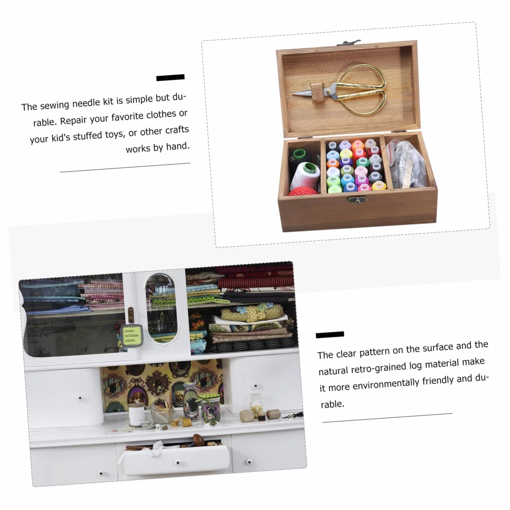 OSALADI Caja de Costura de Madera Retro para Coser, Kit de Costura Portátil Agujas E Hilo, Color Natural, para Manualidades y Uso Doméstico, Adecuado para Principiantes y Profesionales