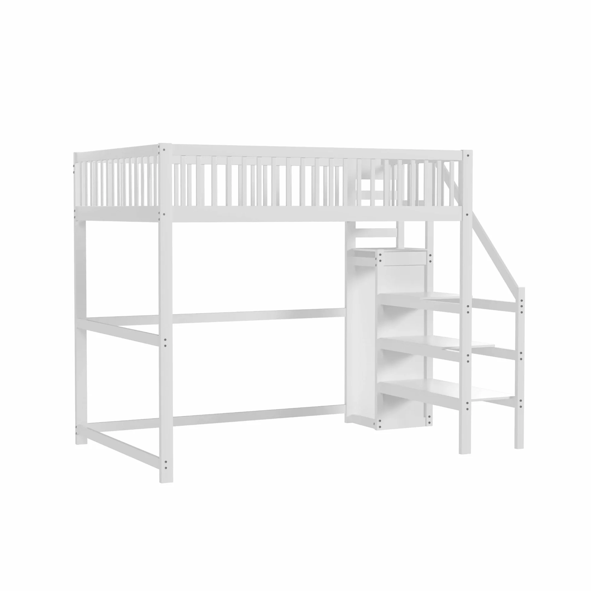 Azkoeesy Cama Alta Juvenil 140x200 cm en Madera de Pino Blanca, Escala Integrada Ahorra Espacio, Armario, Barandilla de Seguridad y Somier, para Niños y Adolescentes