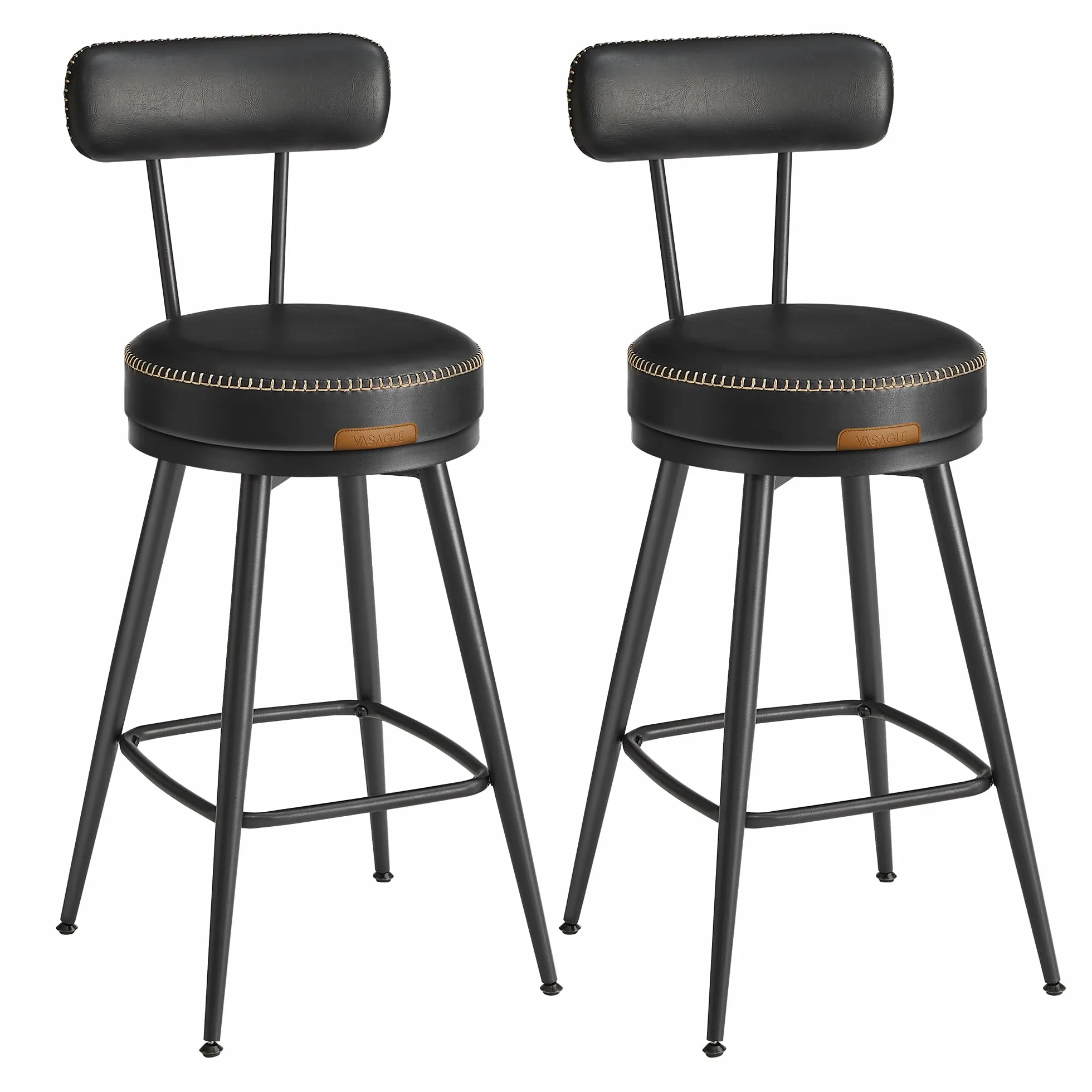 VASAGLE EKHO Colección - Taburetes de Bar Giratorias 360°, Juego de 2, Sillas de Barra con Respaldo, Cuero Sintético con Costuras, Moderno Siglo Medio, Altura 65 cm, Negro Tinta LBC089B01V2