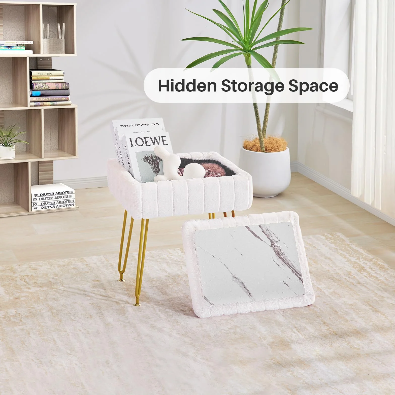 Redlife Taburete De Tocador con Almacenamiento, Sillón De Tocador De Piel Sintética, Reposapiés Otomano, Sillón De Tocador De Maquillaje para Dormitorio (Blanco)