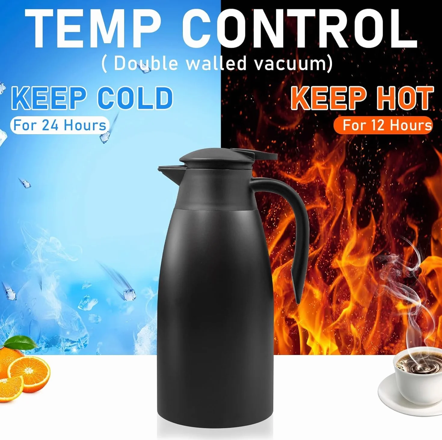 2 jarras térmicas de café de 2 litros aisladas de acero inoxidable para líquidos calientes, dispensador de crema térmica al vacío con cepillos que mantienen el calor 12 horas (negro)