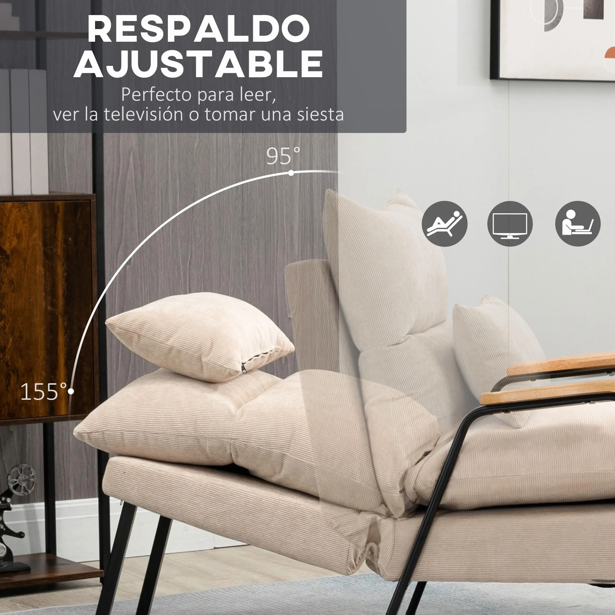 HOMCOM Sillón de Relax con Reposapiés Sillón Reclinable con Respaldo Ajustable Tapizado en Pana Marco de Acero y Cojines para Salón Dormitorio 68x91,5x88 cm Beige