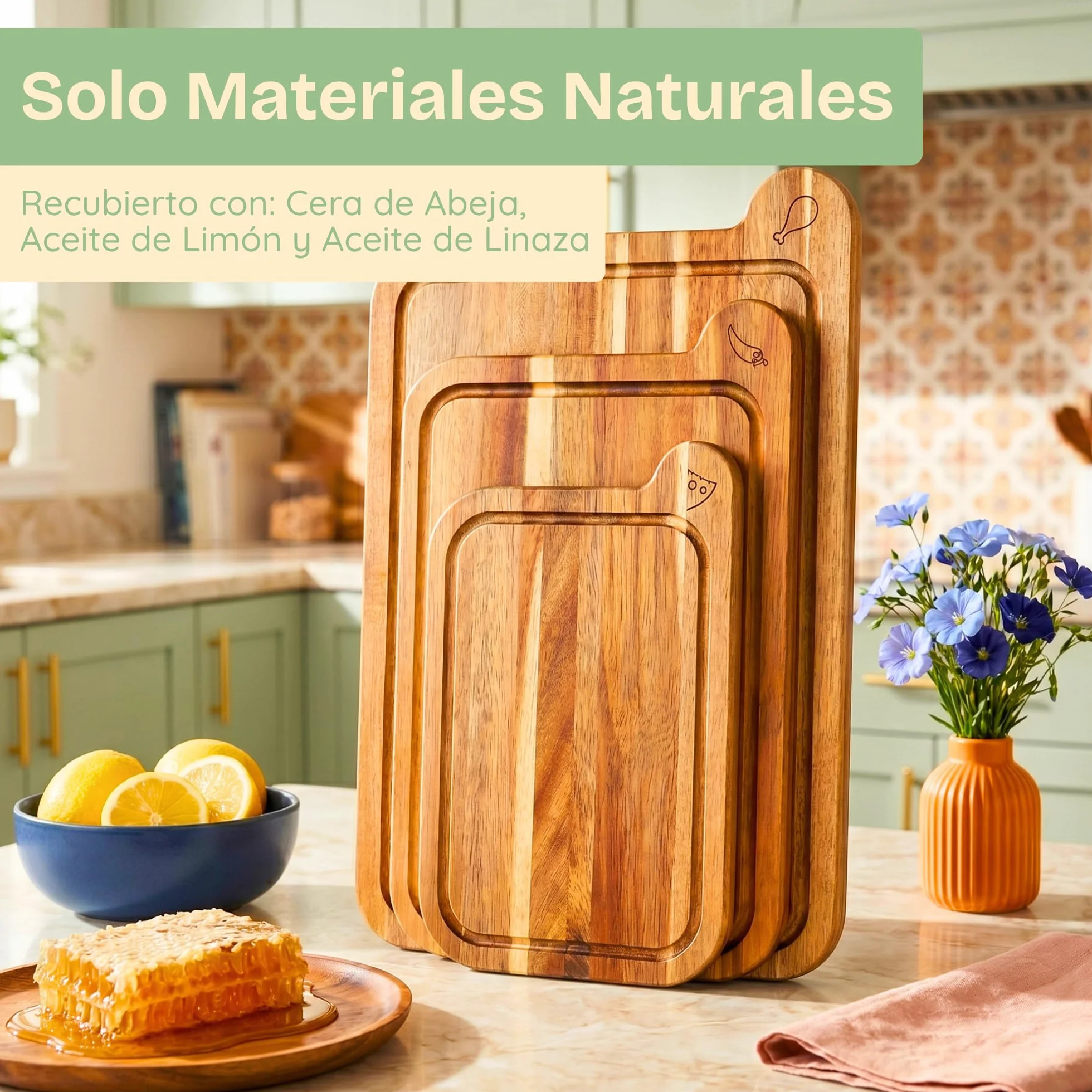 Tablas de Cortar de Madera de Acacia FSC Set 3 No Tóxicas Ziruma
