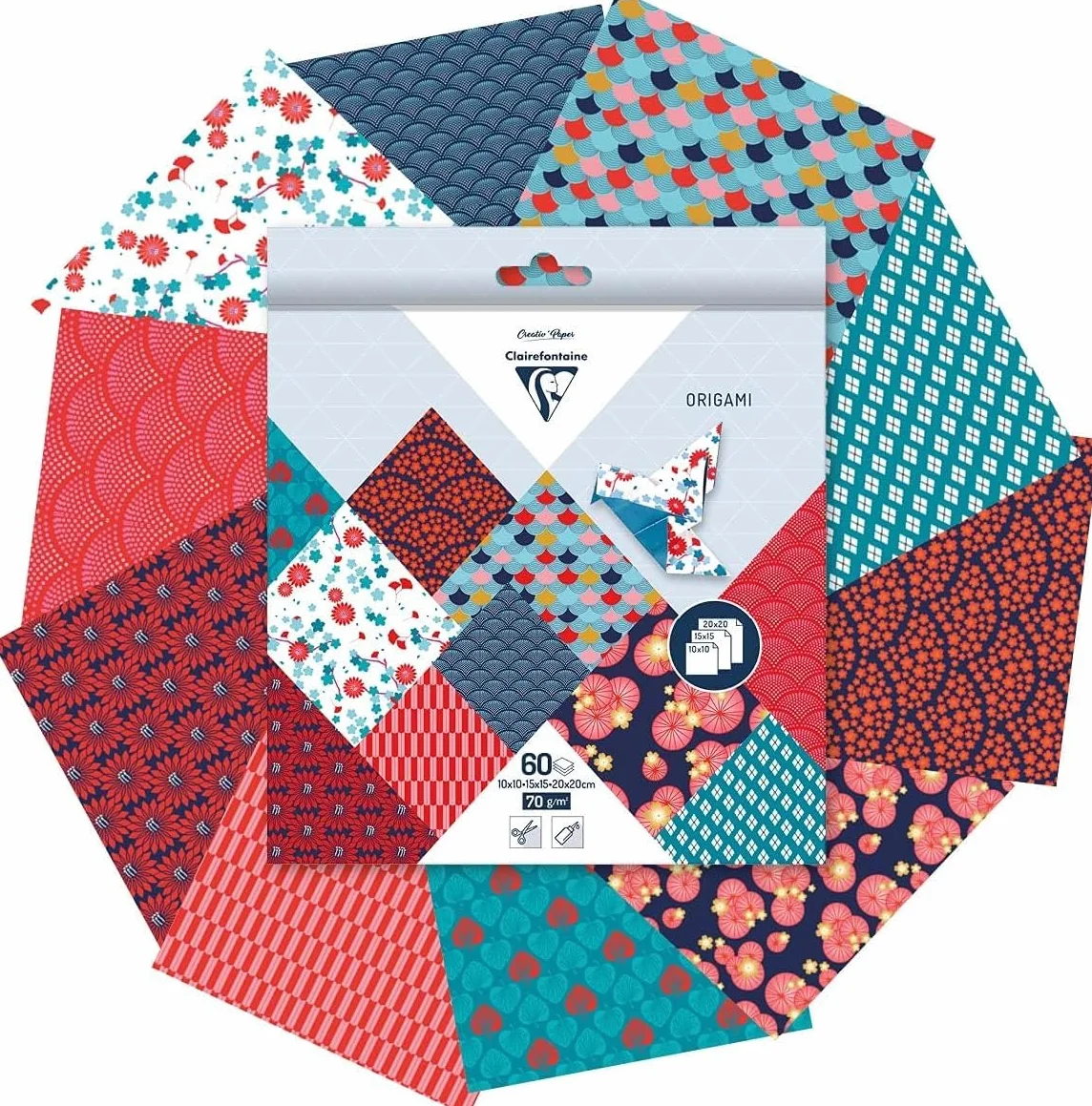 Clairefontaine Hanayo 95347C Papel Origami Pack 60 Hojas 3 Formatos 10x10 15x15 20x20 cm 70g