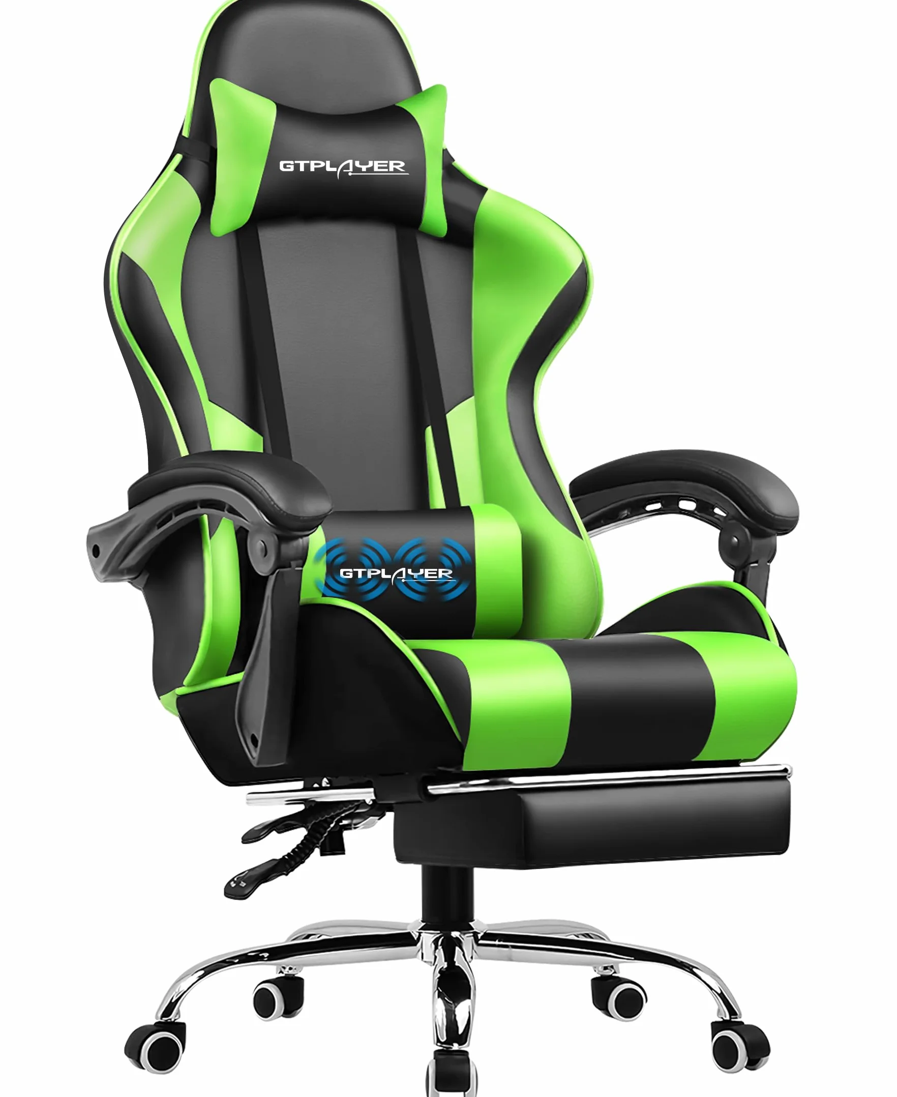 GTPLAYER Silla de oficina para gaming, masaje, sillón, silla ergonómica para gamer, con reposapiés, reposacabezas, cojín lumbar de masaje, acolchado, silla giratoria, verde