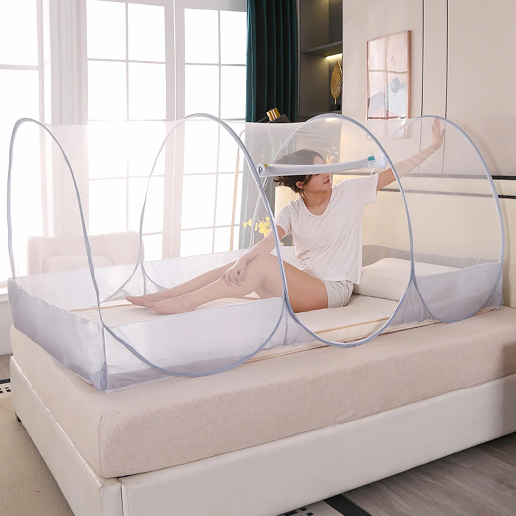 Neta de Mosquitos para la Cama 75x35x35in Pop-Up Tienda de mosquitera Transpirable Plegable con Puerta de poliéster de la Puerta con Cremallera Tienda de Malla de poliéster para Acampar, Dormitorio