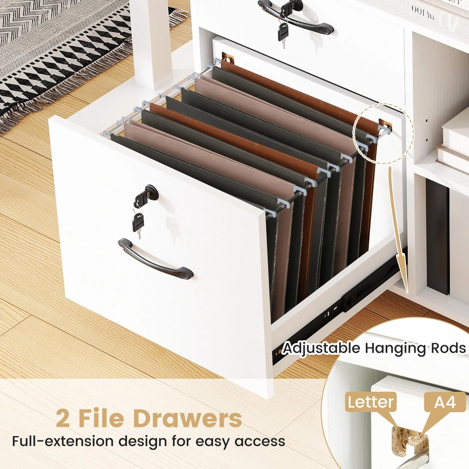 KOMFOTTEU Armario Archivador con Ruedas, Cajonera Escritorio con Cerradura con 4 cajones, Soporte para Impresora con Estante Ajustable para Carpetas A4/Carta para Oficina, 104 x 35 x 65,5 cm (Blanco)