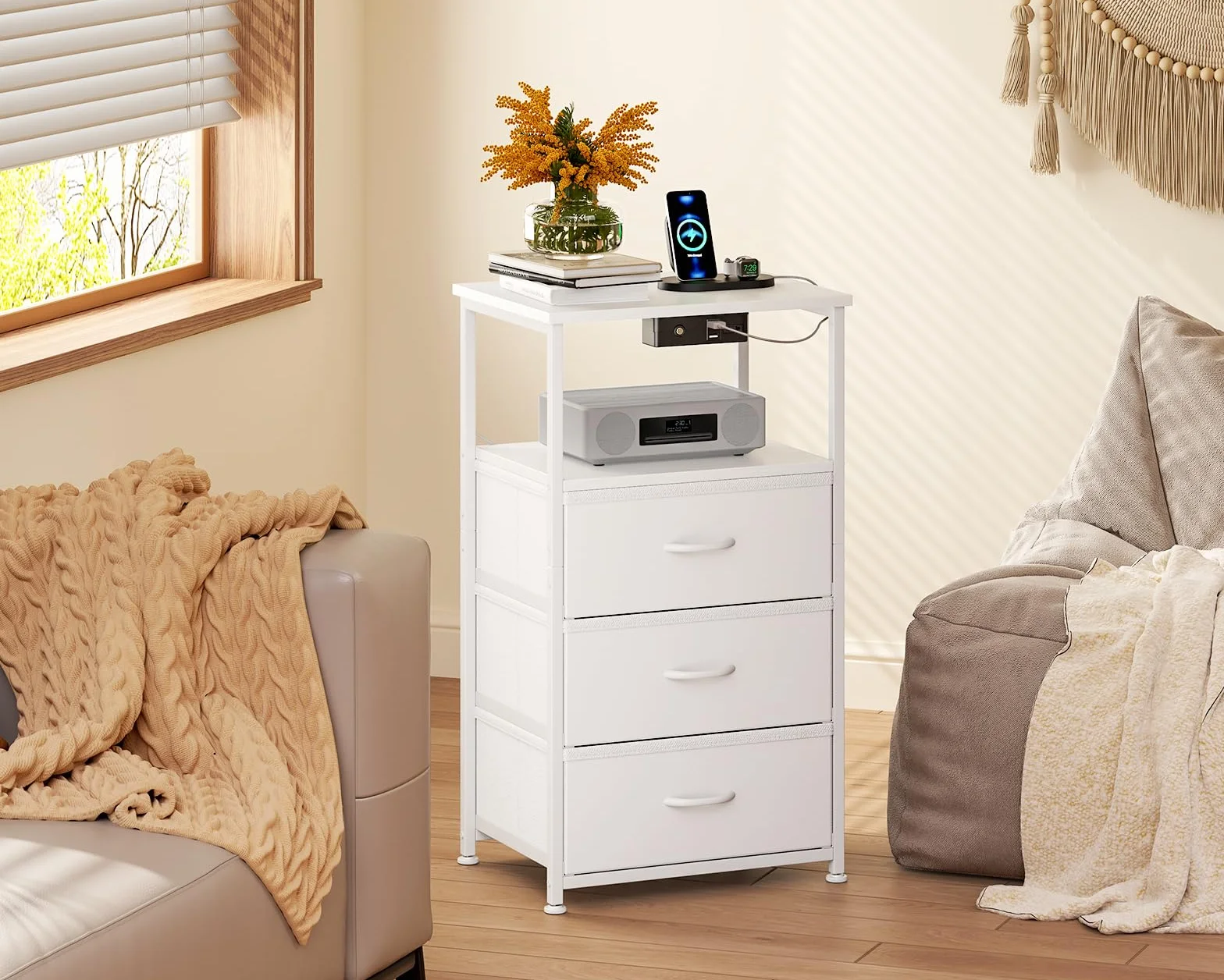 Coleshome Mesitas de Noche Blanco, con Enchufe, 2 Puertos USB y Tira de Luces LED, Mesita de Noche con 3 Cajones de Tela y 2 Espacio de Almacenamiento, 40 x 30 x 70 cm, 1 Paquete