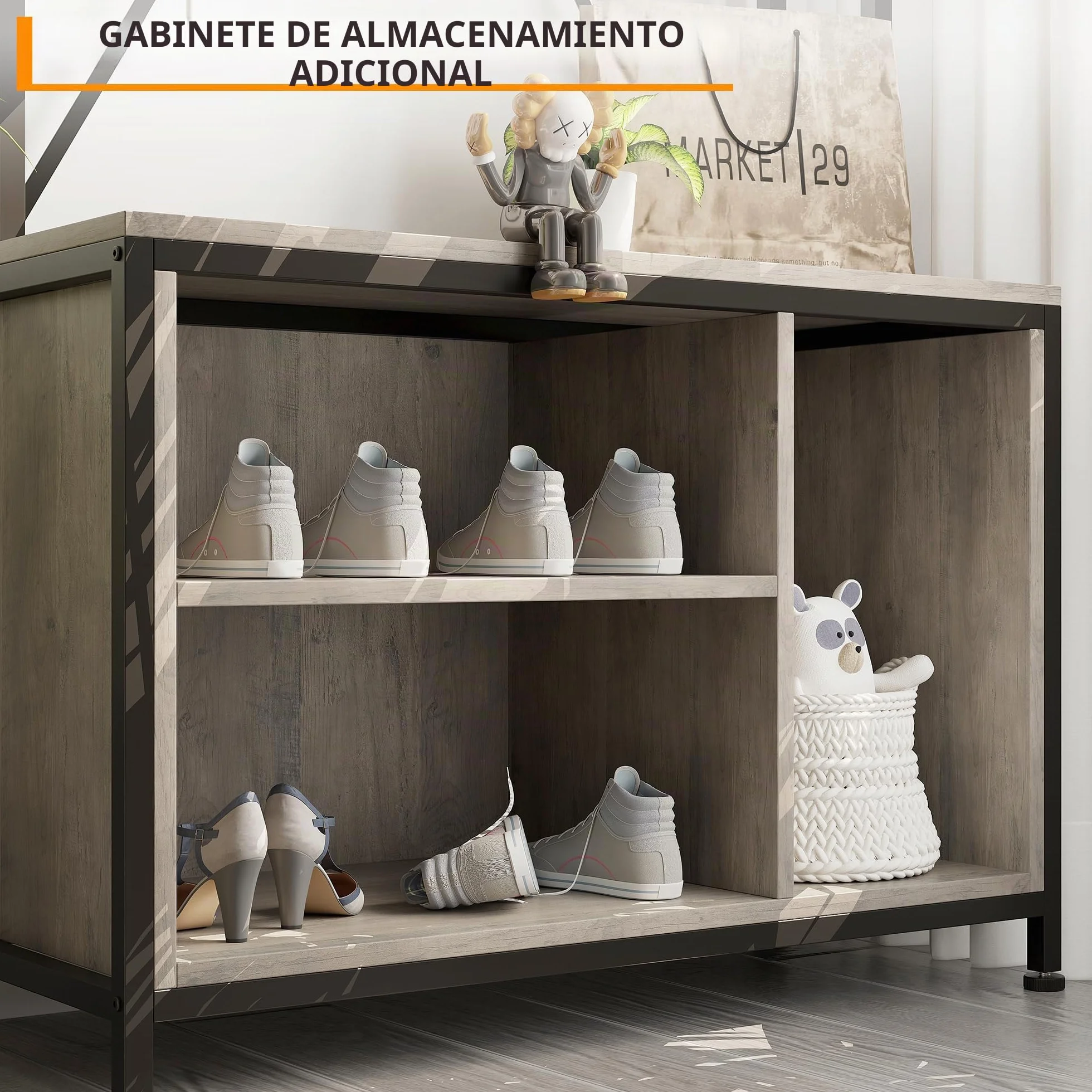 Garvee Perchero Recibidor Con Banco y Zapatero, Mueble Entrada Industrial De Madera y Metal, Organizador Con Estante y Ganchos, Perchero Independiente De Pie Para Entrada y Pasillo, Gris