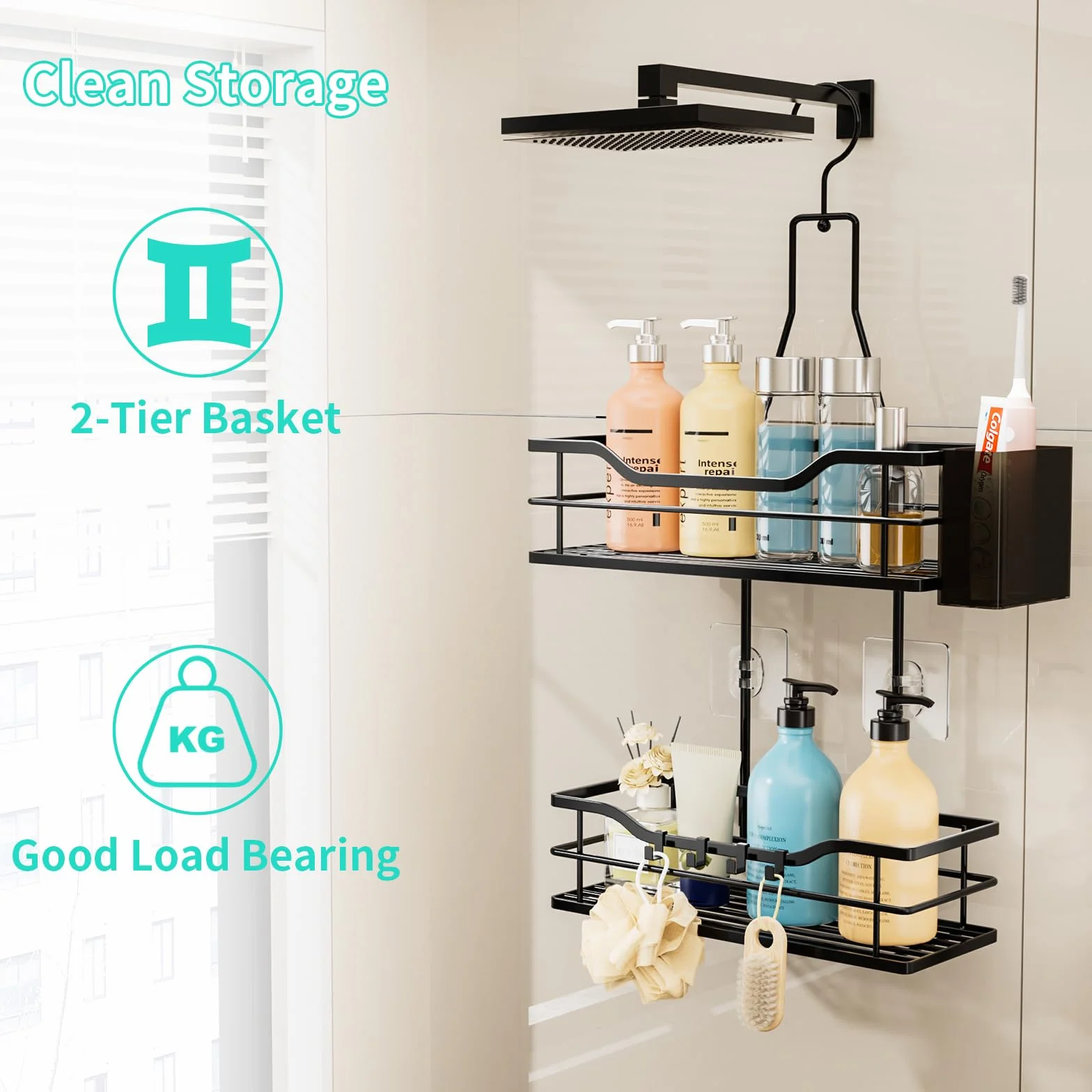 HapiRm Organizador colgante para ducha, organizador de baño de 2 niveles con gancho superior giratorio de 360° y 4 ganchos, estante de ducha negro inoxidable para champú, acondicionador y