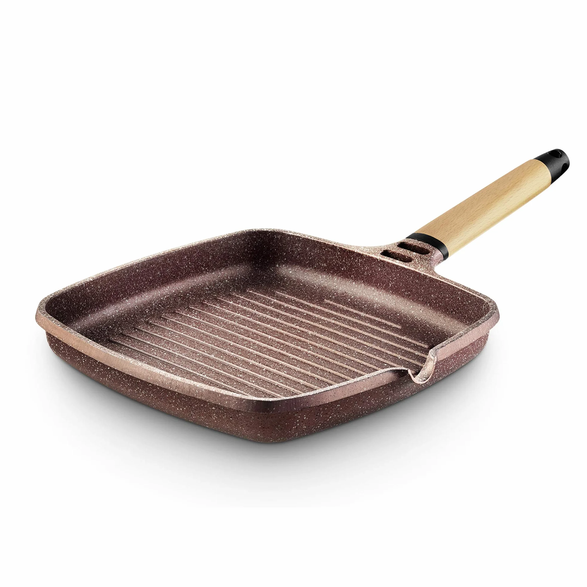 CASTEY - Grill Asador de Inducción Castey, Modelo YG27, Color Terracota, Tamaño 27 cm, Mango de Madera de Cedro, Revestimiento Antiadherente, sin PFOA, Base Full Induction, Apta para Todas las Cocinas