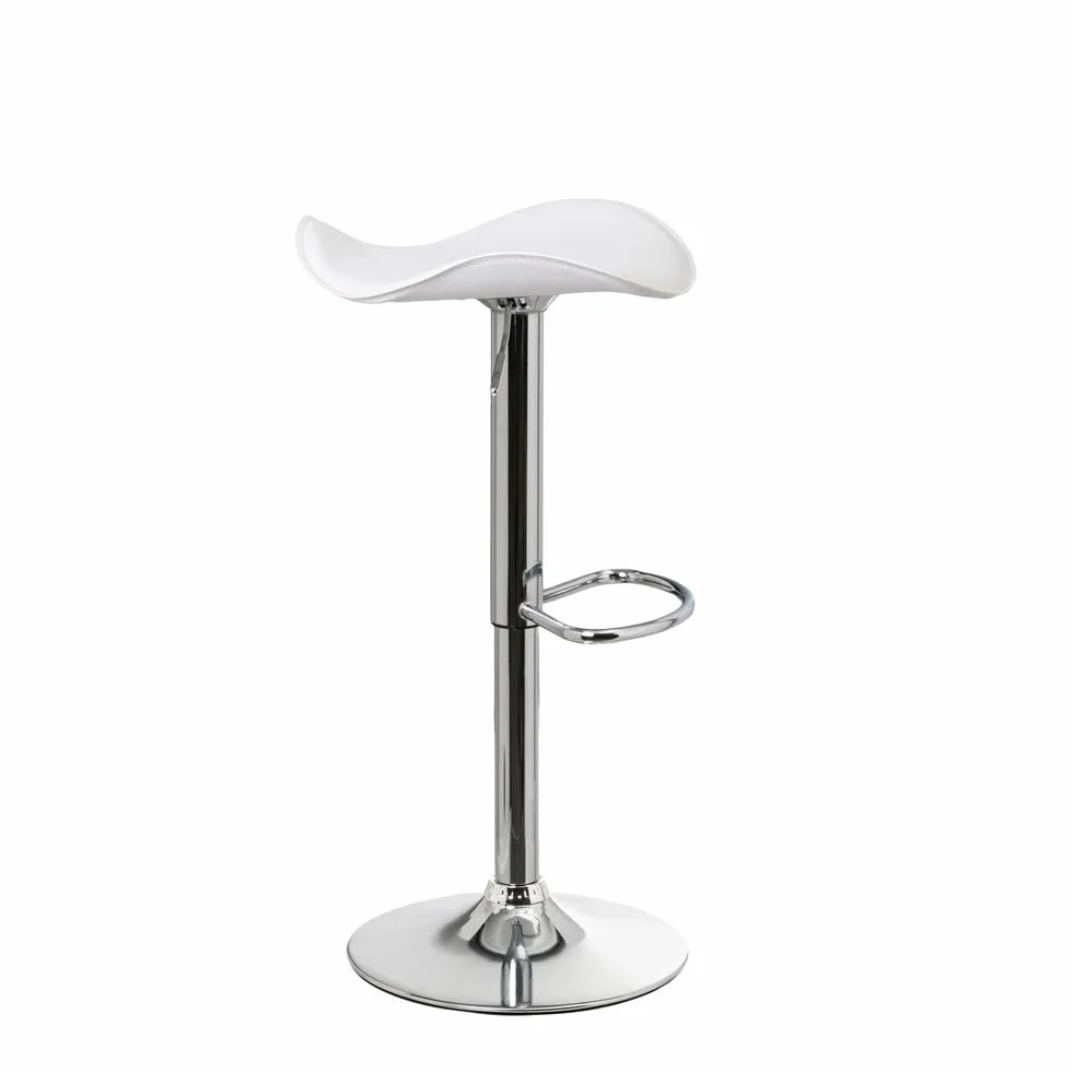 2 taburetes de cocina regulables en altura blancos redondos sin respaldo | Asiento redondo tapizado en polipiel. Sin respaldo. Pie giratorio gris. Altura ajustable de 63 a 83 cm. Resiste hasta 120 kg.