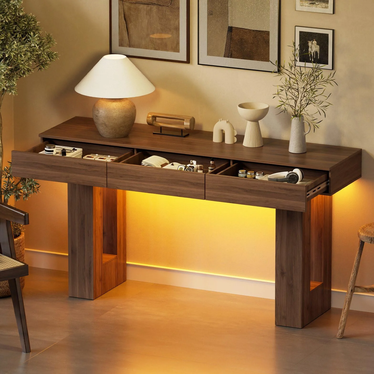 Mesa de Consola con luces LED de colores y 3 cajones 140CM Consola para Recibididor Mesa de Entrada Estrecha Mesa Auxiliar Detrás del Sofá Mesa de Pasillo de Madera para entrada, recibidor y salón
