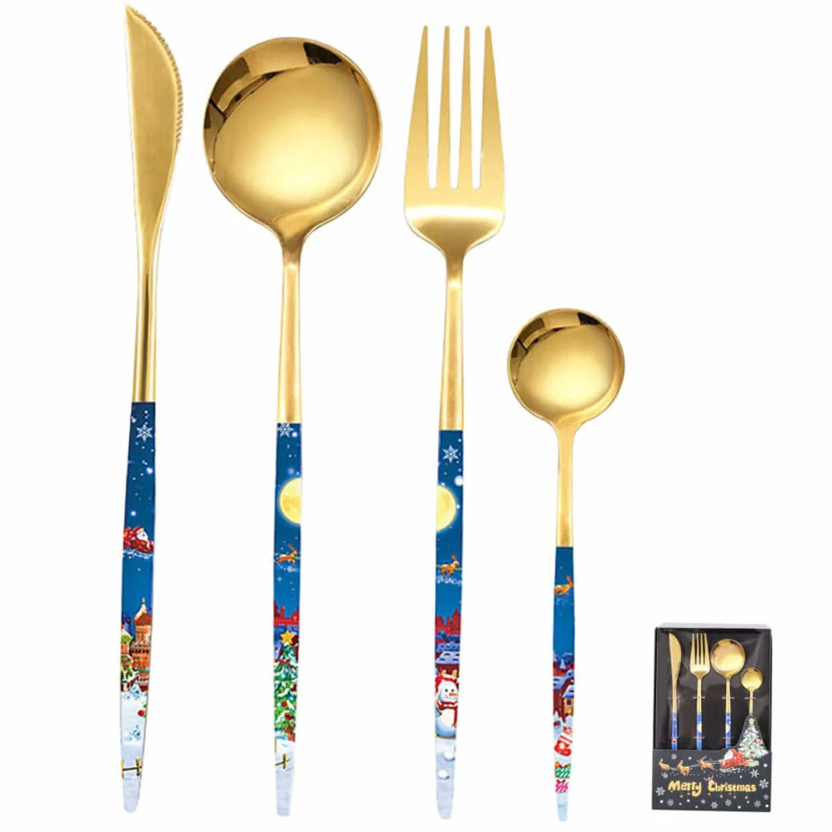 Alipis 4 Juegos De Cubiertos De Navidad Vajilla De Navidad Vajilla De Comida Tenedores De Cuchara De Navidad Cubiertos Suministros para Banquetes Kit De Cubiertos De Carne De Metal
