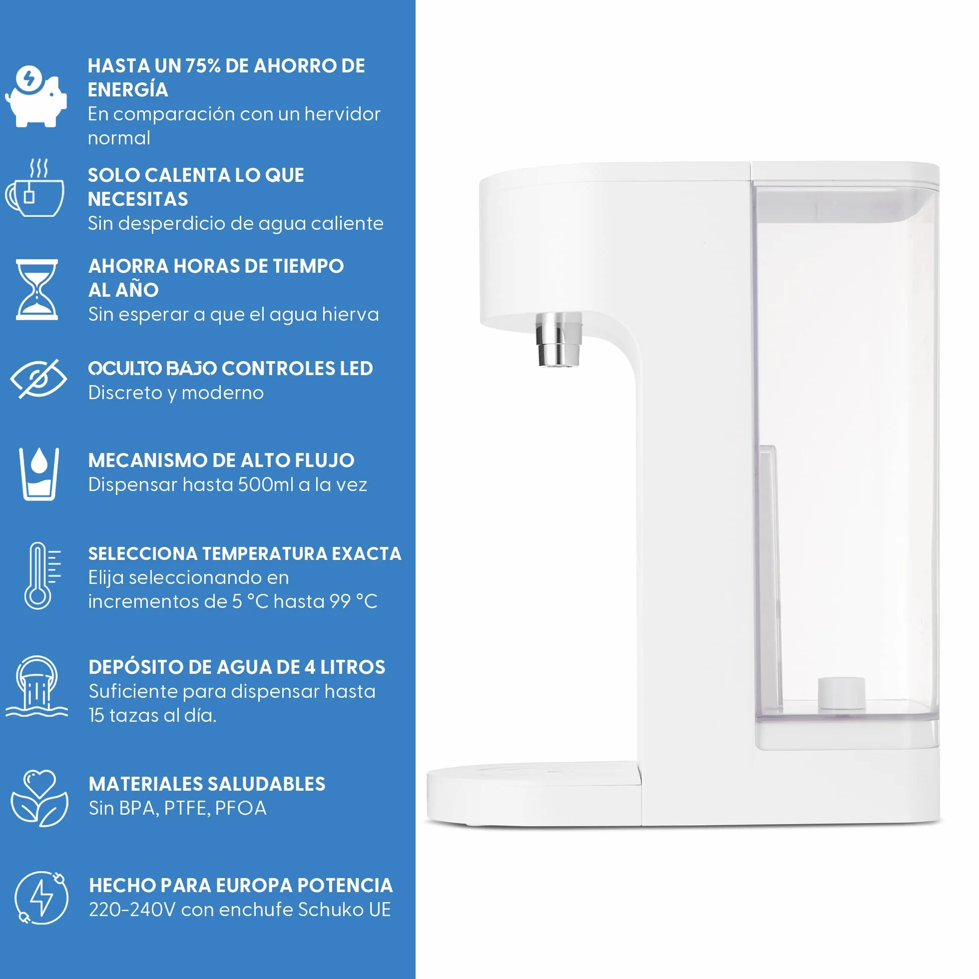 Yum Asia Oyu "Oculto debajo" Dispensador de agua caliente instantáneo digital con pantalla táctil LED blanca, Capacidad de 4 litros, Ecoboil, Tecnología InstaHEAT, 220-240V, Alimentación de la UE