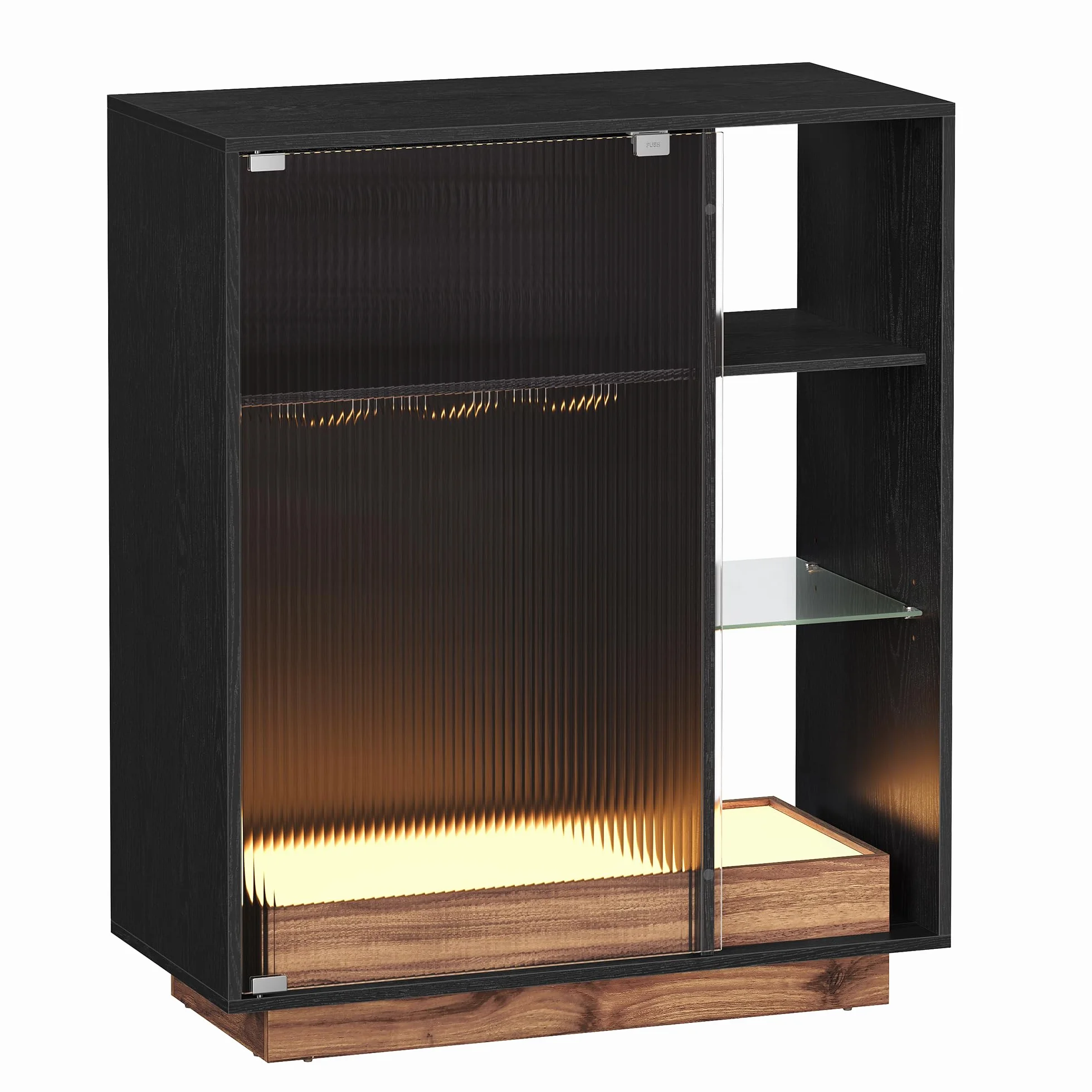 VASAGLE Aparador, Armario Bar Vino con Luces LED, con Almacenaje para Vino, Bar Café Licor, con Portavasos, Puerta de Vidrio Acanalado, para Sala de Estar, Negro Ébano BBK361B21