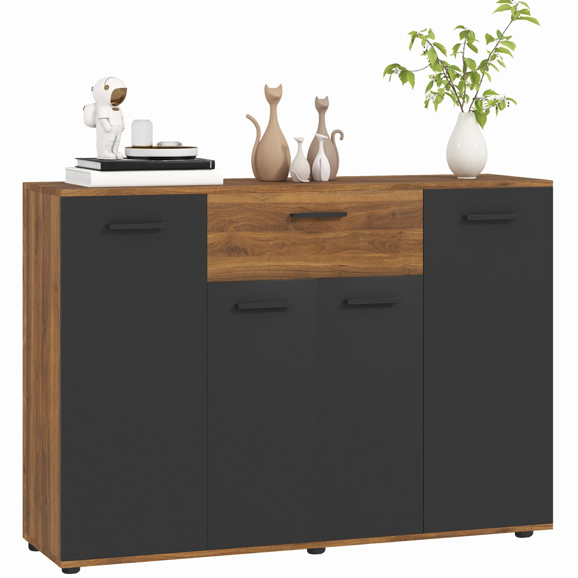 HOMCOM Aparador de Almacenamiento 120x35x85cm Marrón y Negro | 4 armarios, cajones, estantes ajustables, mueble de comedor