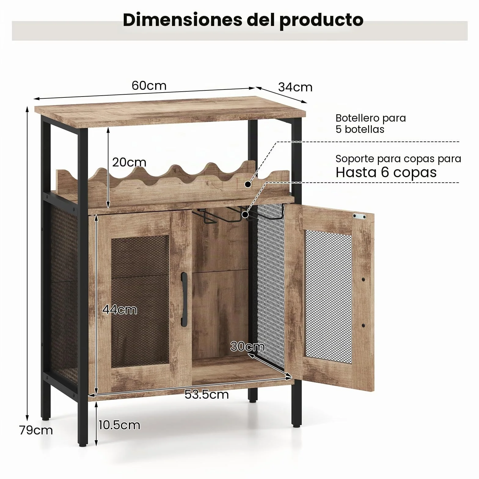 GIANTEX Aparador Cocina para Vinos, Armario con Portabotellas y Portavasos Extraíble, 60 x 34 x 79 cm, Mueble de Almacenamiento con Puertas de Malla de Metal, para Salón, Comedor, Bar (Gris)