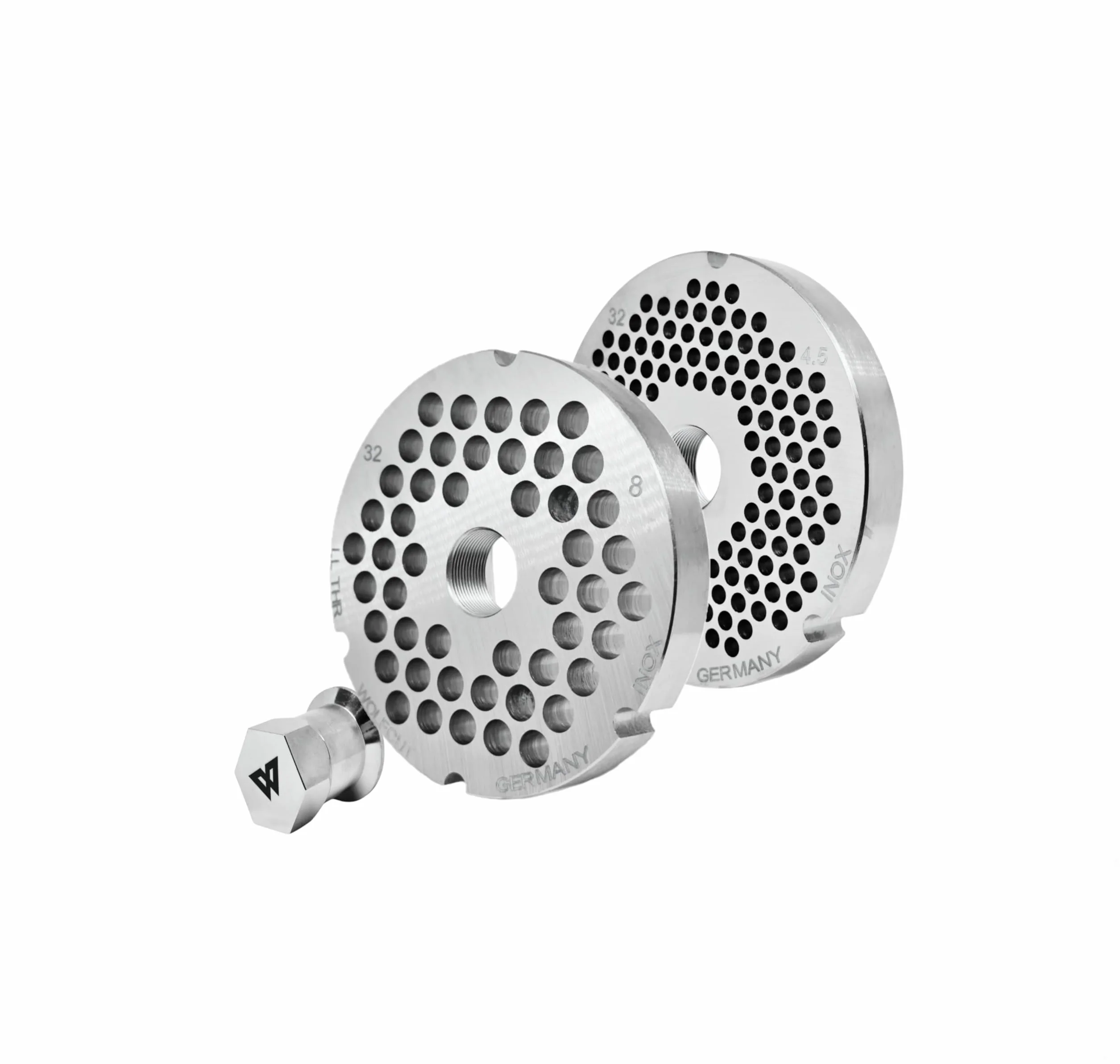 Wolfcut Inox Longlife - Juego de cuchillas para picadora de carne (4 ranuras y rosca de 3,5 mm + orificio de 5,0 mm y tapa de rosca, repuesto para/compatible con picadora Bizerba FW-N32, tamaños 32)