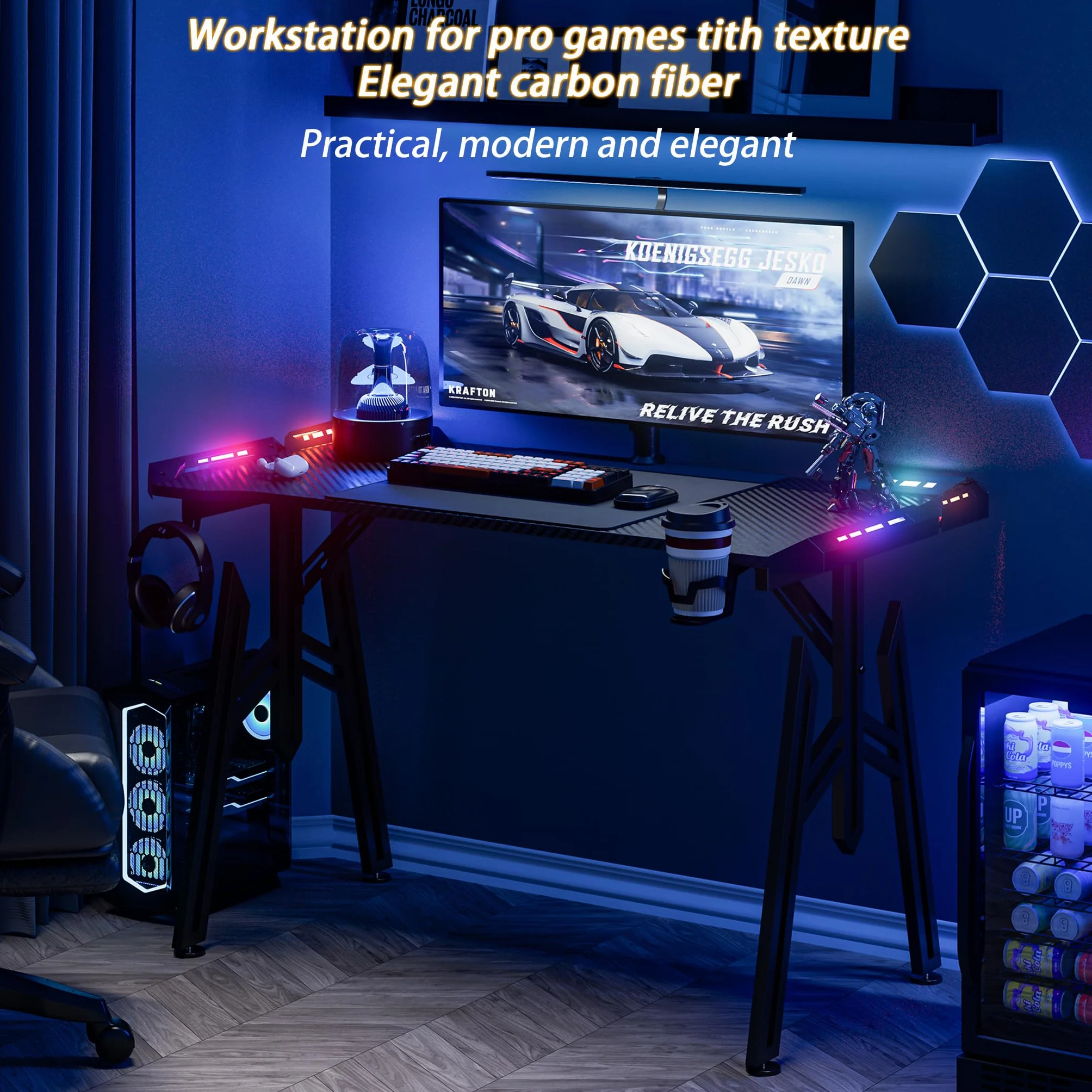 NAIZY Mesa de gaming 160 cm LED escritorio incluye soporte para auriculares, soporte para vaso de agua y orificio para cable, mesa de ordenador de fibra de carbono para PC Gamer, en marco M